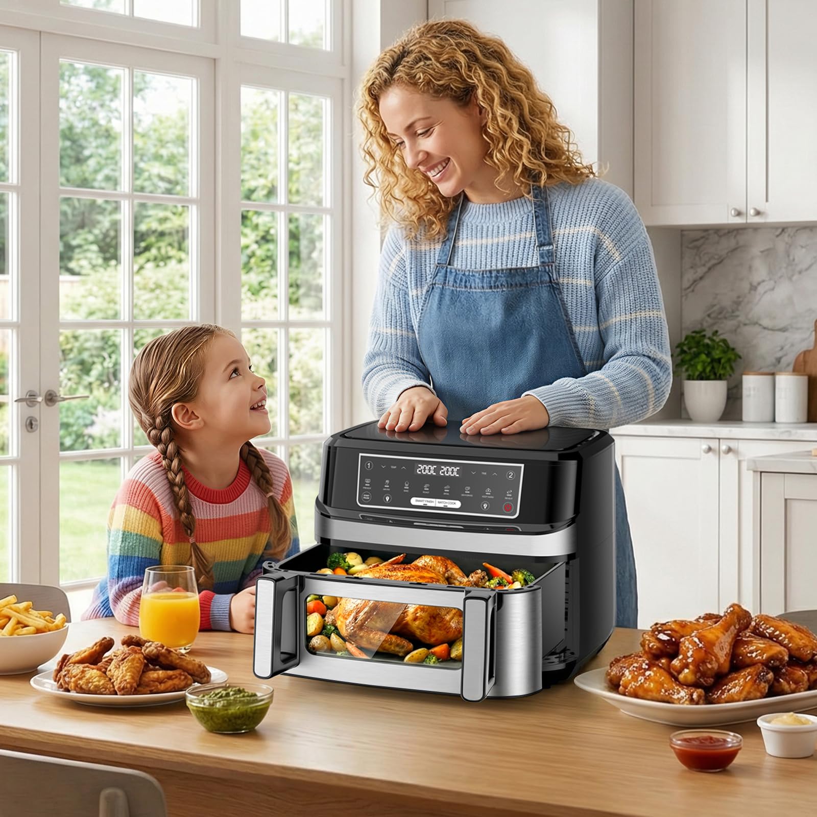 Air Fryer 12L | Friteuse à Air Chaud XXL Mode Flexible 1 ou 2 Zones, 2600W Double Chauffage Contrôle Indépendant Fenêtre et Éclairage, Friteuse sans Huile 2 Compartiments 8-en-1 Écran Tactile Recettes