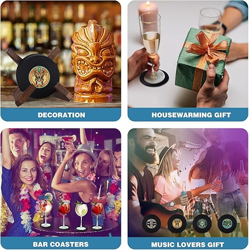 Miniatura 6 de Hushee Tiki - Juego de 6 posavasos de silicona con soporte para discos de vinilo retro Tiki Bar con soporte de madera para bebidas al aire libre