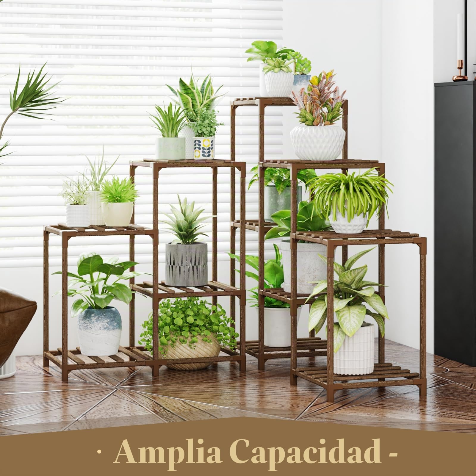 Bamworld Soporte para plantas de interior y esquina, para exteriores, 5 niveles, 11 flores, soportes de madera para plantas de jardín, soporte para plantas de madera, para sala de estar, esquina
