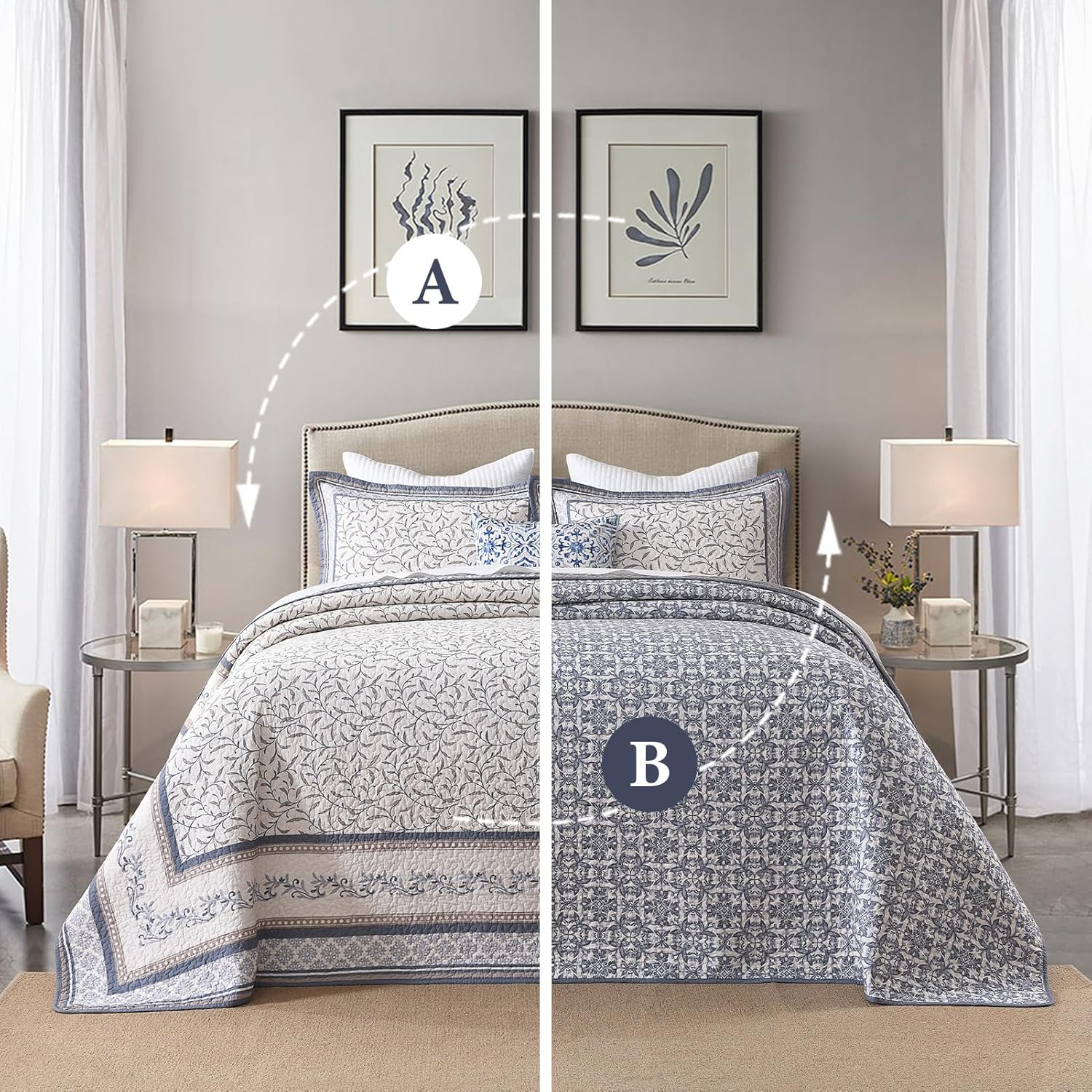 Oversized King Bedspreads 128"x120" - 100% Cotton California King Quilt, Vintage Botanical Pattern, Extra Large Lightweight Reversible Quilted Bedspread Coverlet, 3 Pcs, Blue/Brown - Image 6