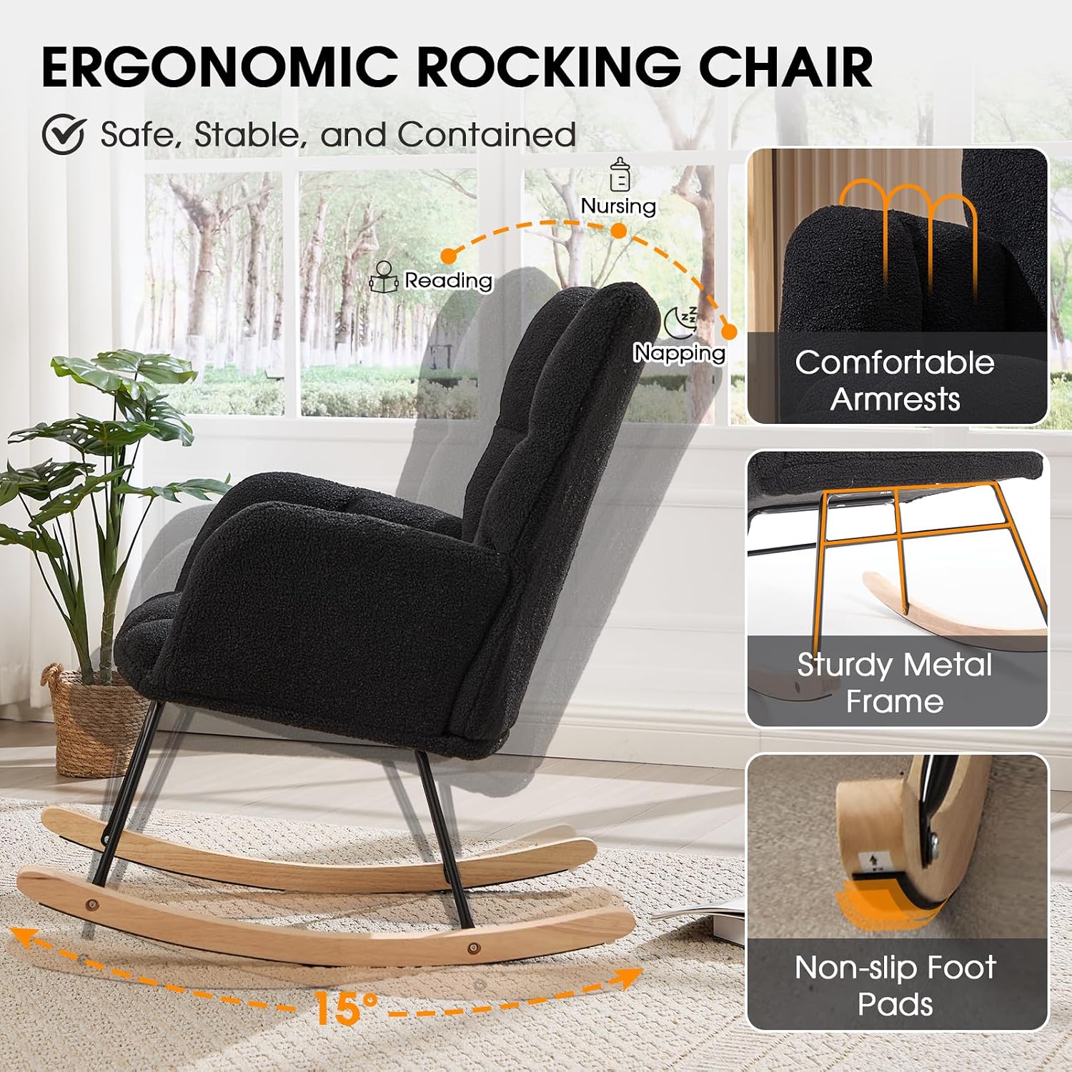 Nursery Rocking Chair, Teddy Upholstered Glider Rocker Padded Seat with Armrest, Tufted Glider Chair with Thick Cushion, Rocking Accent Chair, High Backrest Armchair for Bedroom (Black)