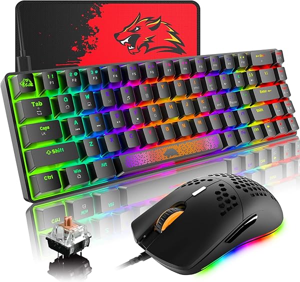 60% Mechanical Gaming Keyboard and Mouse Combo RGB Backlight Ergonomic Anti-ghosting 68 Keys 6403DPI Silent Honeycomb Mice Type-C Wired for Computer Mac Gamer