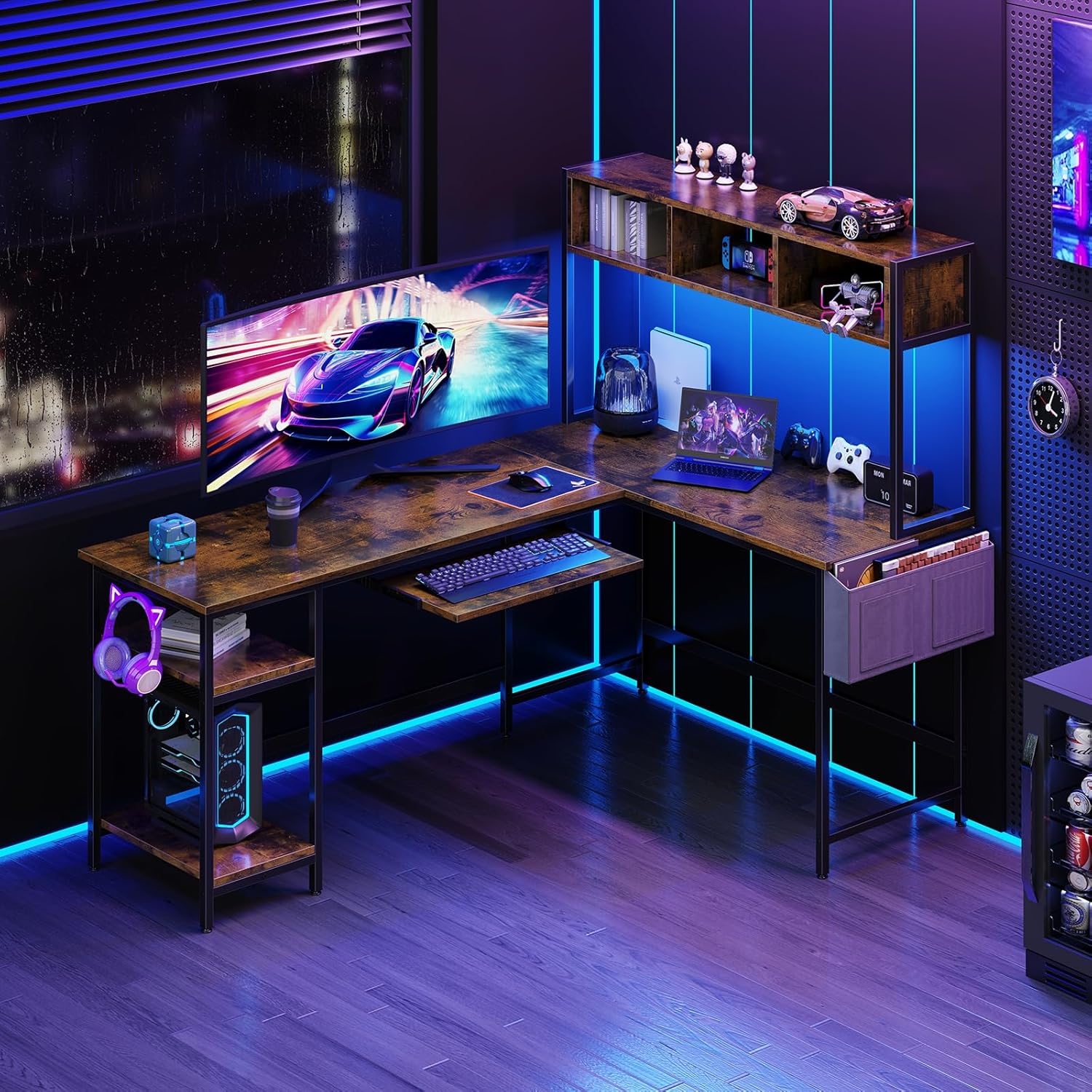 DUMOS L Shaped Gaming Desk 67", Reversible Computer Desk with LED Lights, Corner Desk for Small Spaces with Keyboard Tray & Storage Shelf, Metal Frame PC Gaming Table for Home Office Bedroom, Rustic