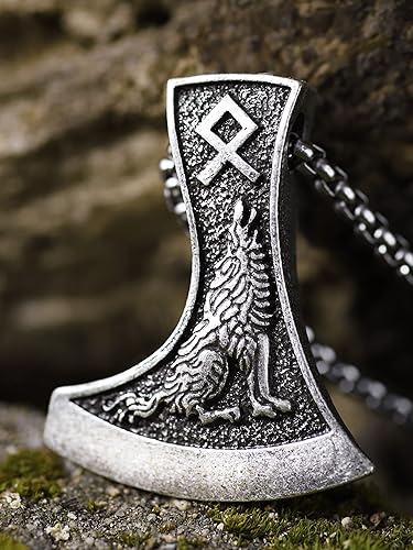 Miniatura 4 de HAQUIL Viking Battle Axe Necklace, Norse Wolf Raven Axe Amulet Pendant, Viking Jewelry Gift for Men