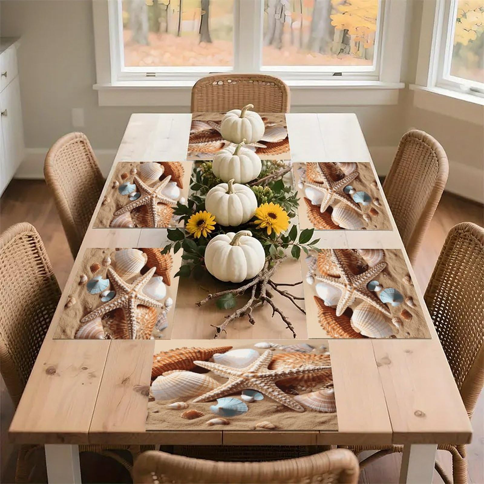 Seashells Starfish Placemats Wipeable Heat Resistant Table Mats Washable Flax Place Mats Elegant Cloth Non-Slip Placemat for Kitchen Dinning Party Table Decor 12 * 18 in