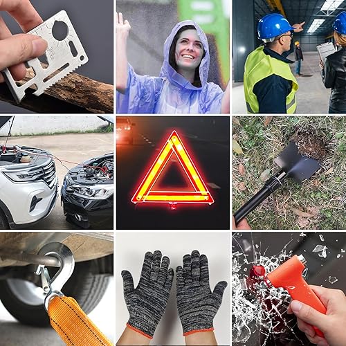 Miniatura 8 de AUTODECO Kit de emergencia para automóvil con cable de puente, 82 piezas, kit de seguridad automotriz con pala