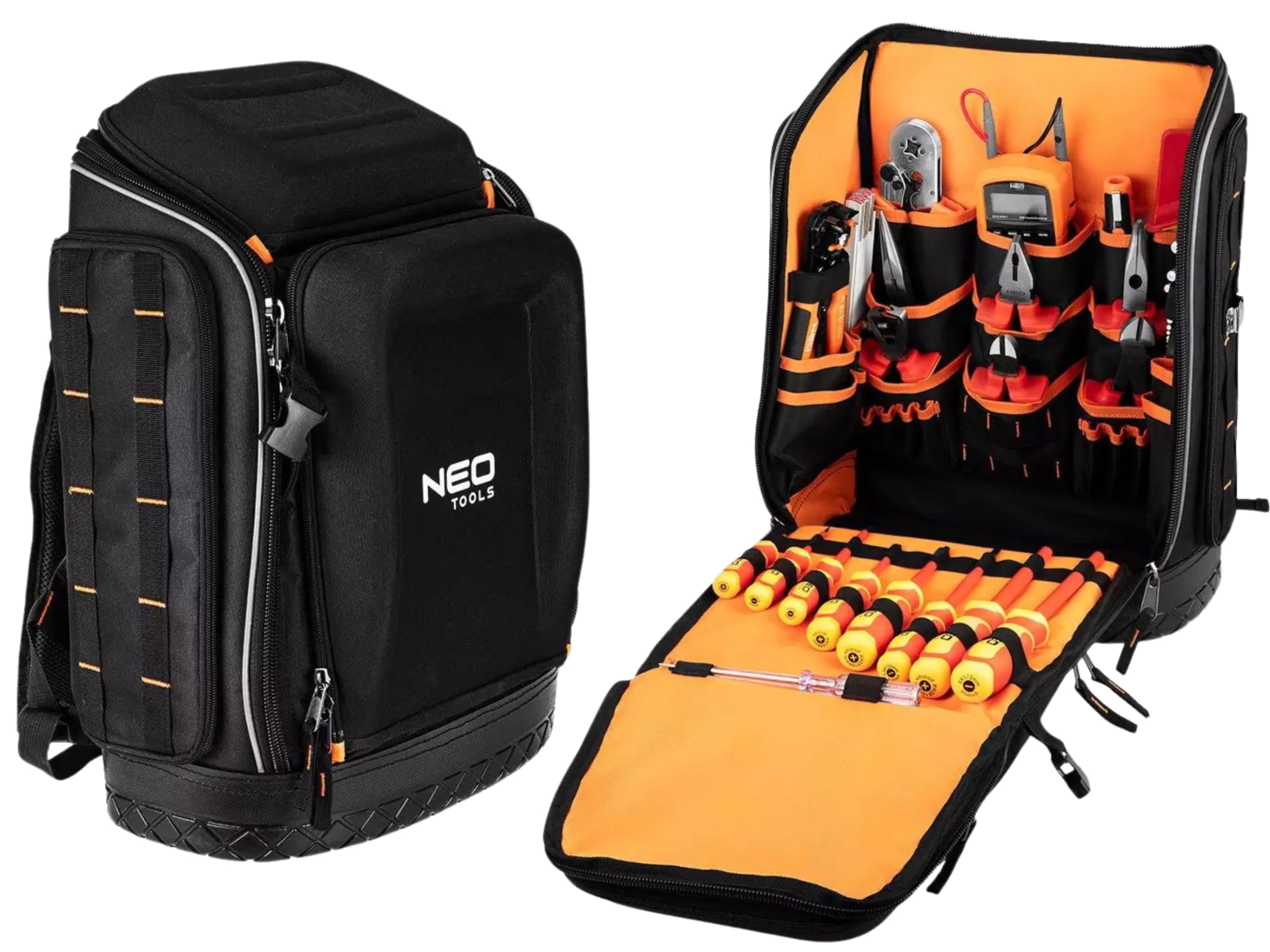 NEO TOOLS Zaino per attrezzi elettricisti, 31 pezzi, con attrezzi per un elettricista, 26 tasche, set di attrezzi per elettricisti mobili e durevoli, set di attrezzi elettrici in uno zaino