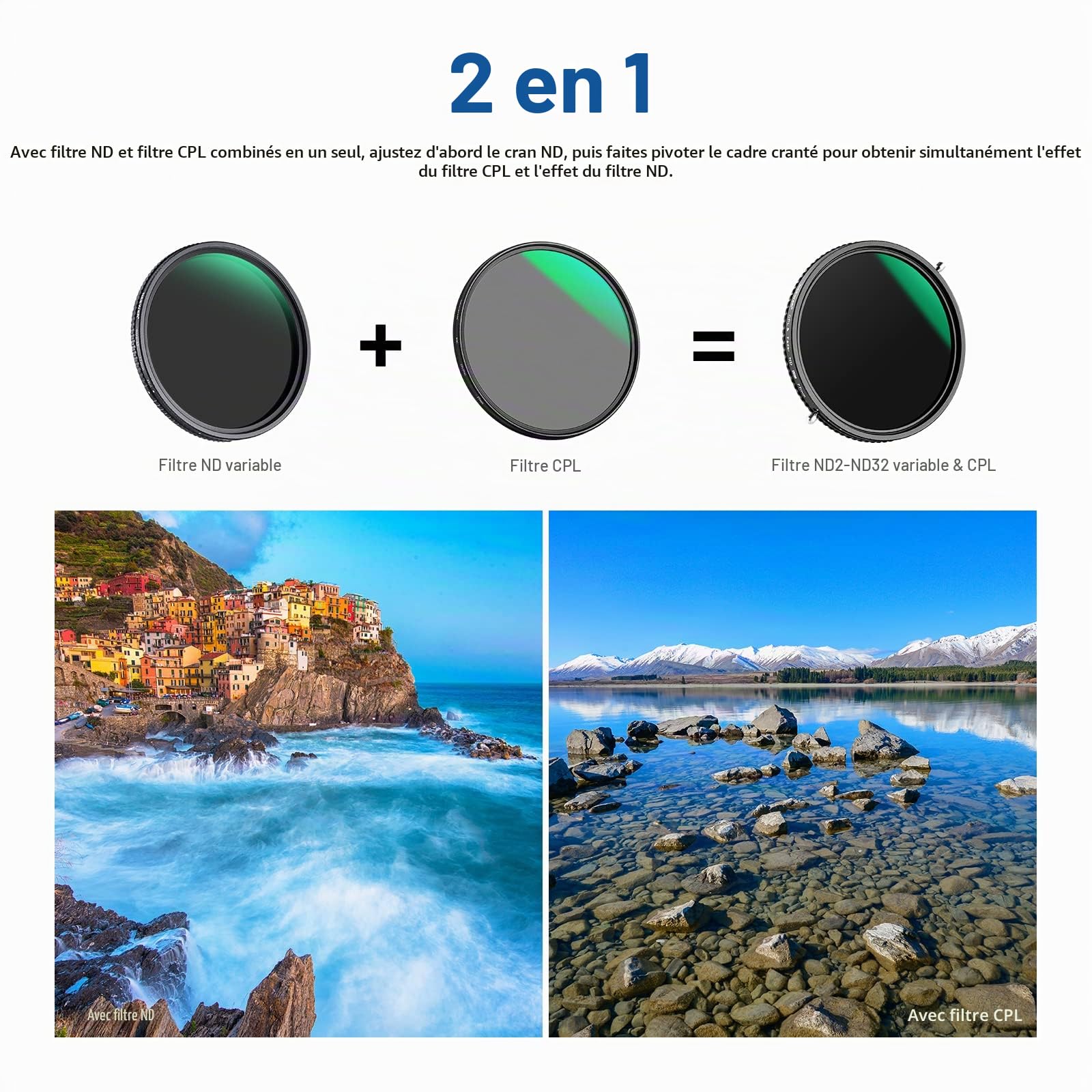 NEEWER 2 en 1 67mm Filtre ND variable ND2–ND32 et filtre CPL (polariseur circulaire) Sans croix en X / Revêtement nano 30 couches / Verre optique HD / Hydrofuge / Résistant aux rayures