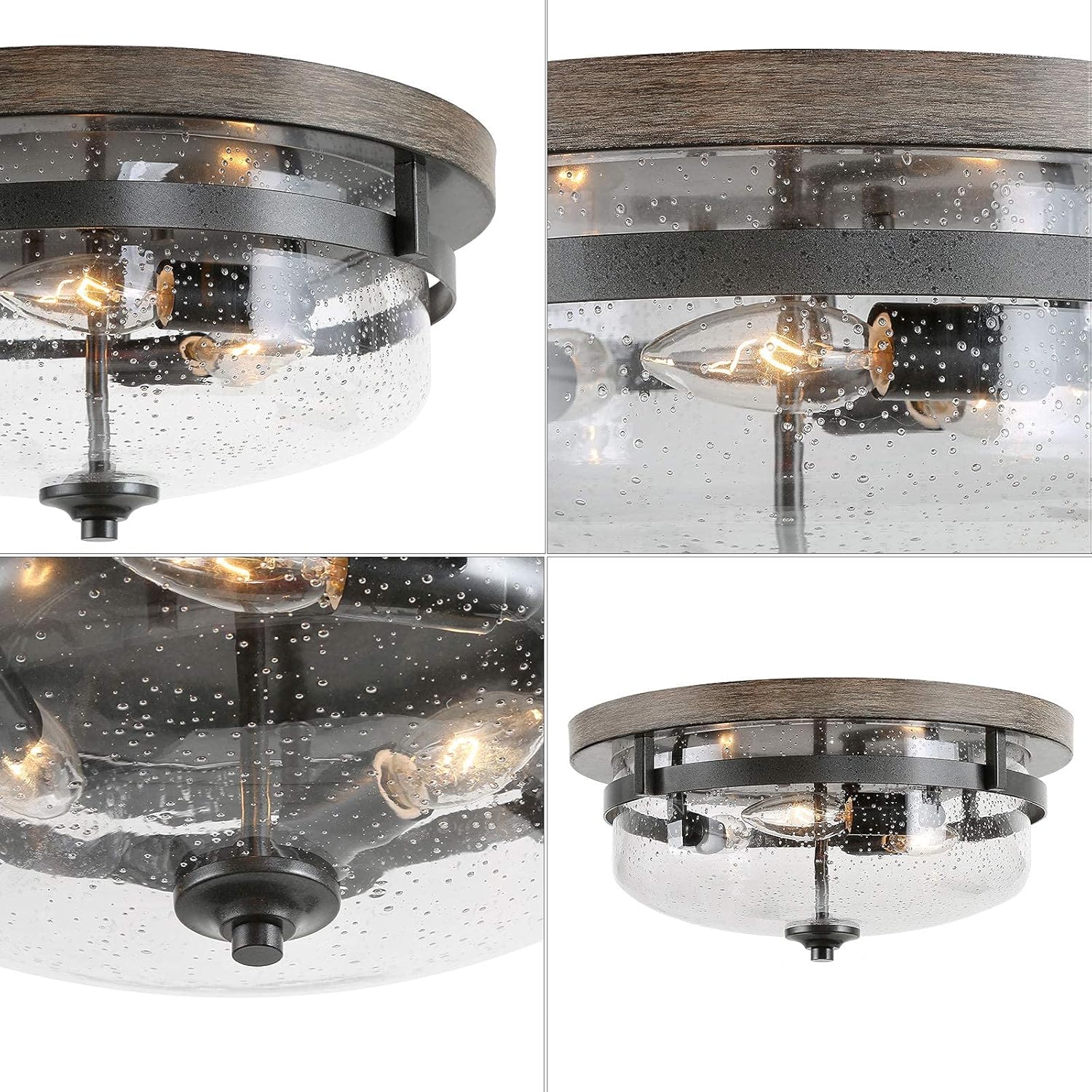 Up To 40% OFF Flush Mount Ceiling Light, Farmhouse Light Fixtures Ceiling with Faux Wood Finish and Seeded Glass Cover, W13.5x H6.5
