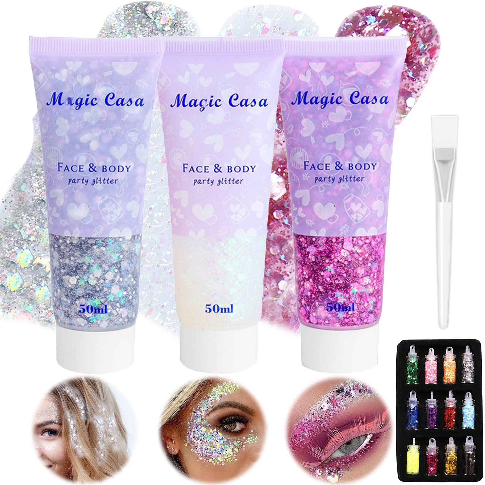 3 Piezas Purpurina Maquillaje,Purpurina Corporal Gel Purpurina Cara Purpurina Para el pelo Chunky Glitter Gel Festival Glitter Sirena Lentejuelas Glitter para Ojos (Blanco + Plateado+Rosa)