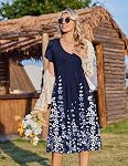 ZEAGOO Robes Midi femmes pour l'été 2026 Manches courtes Casual Robe fluide Une ligne plissée V Cou Beach Sundress avec des poches