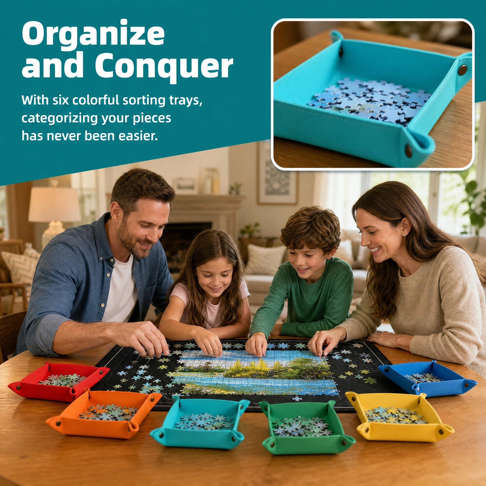 Planche de puzzle avec support pliable en feutre réglable pour puzzles jusqu'à 1000 pièces avec 6 trieurs + 1 housse (56 x 81 cm, noir)