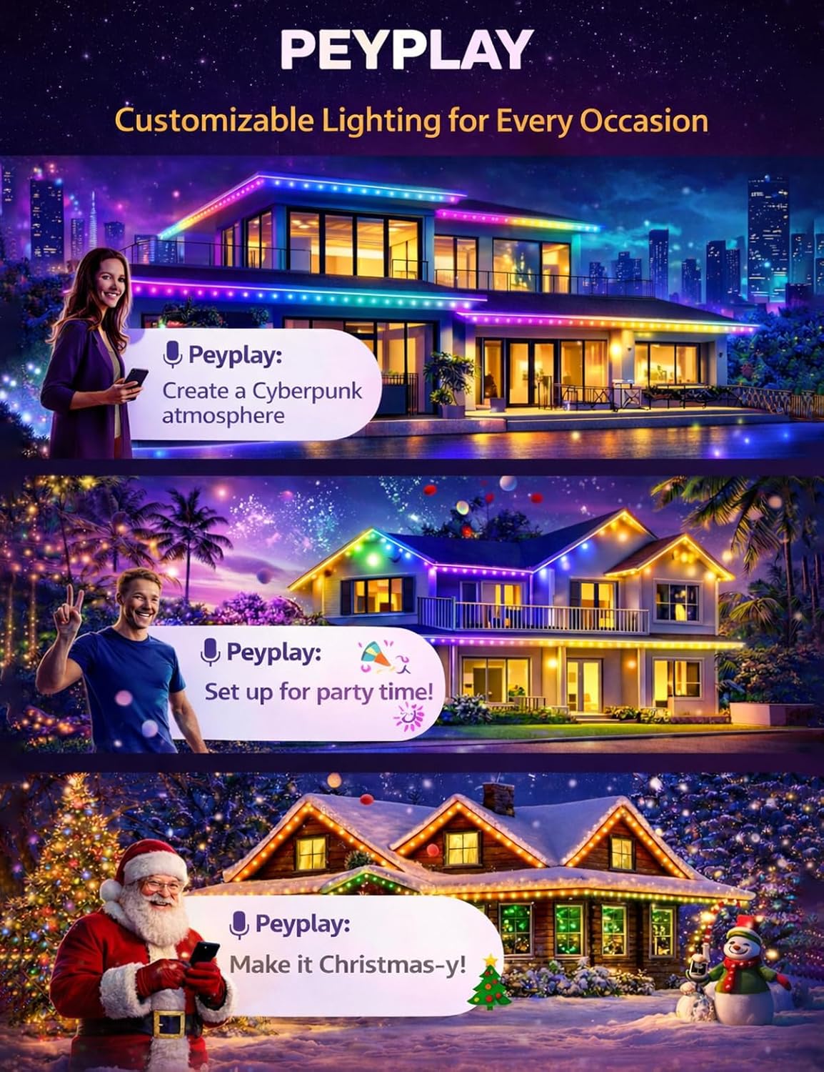 100ft Permanent Outdoor Lights, 60 RGB + IC Smart LEDs, 75 Scene Modes, IP67 Waterproof, App & Voice Control (Alexa & Google Assistant), DIY Colors, Music Sync, Holiday Lighting Scenes (100ft)