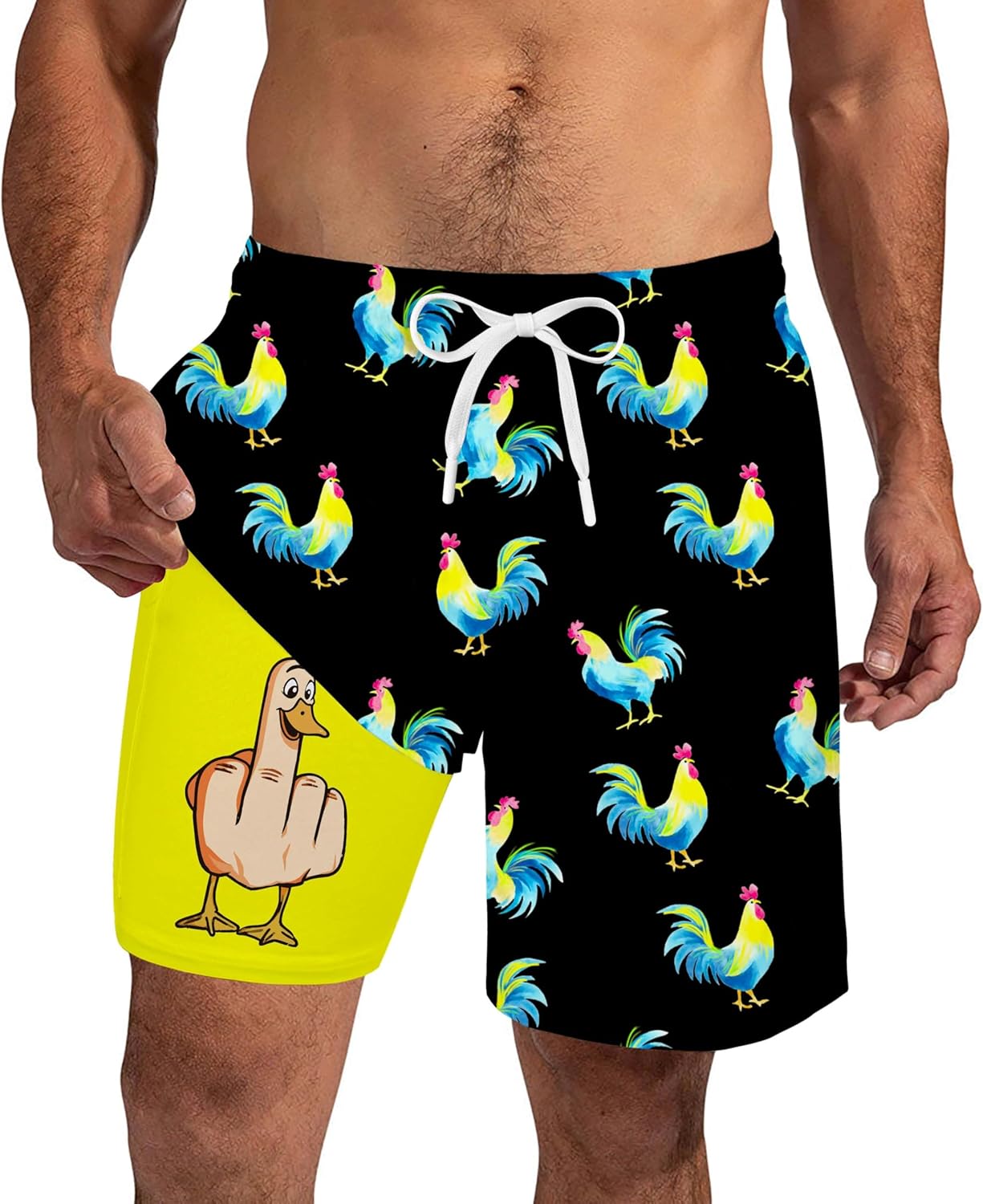 westwolf Mens Swim Trunks 7 Inch Bathing Suits with Compress Liner Funny Yellow Duck Printed