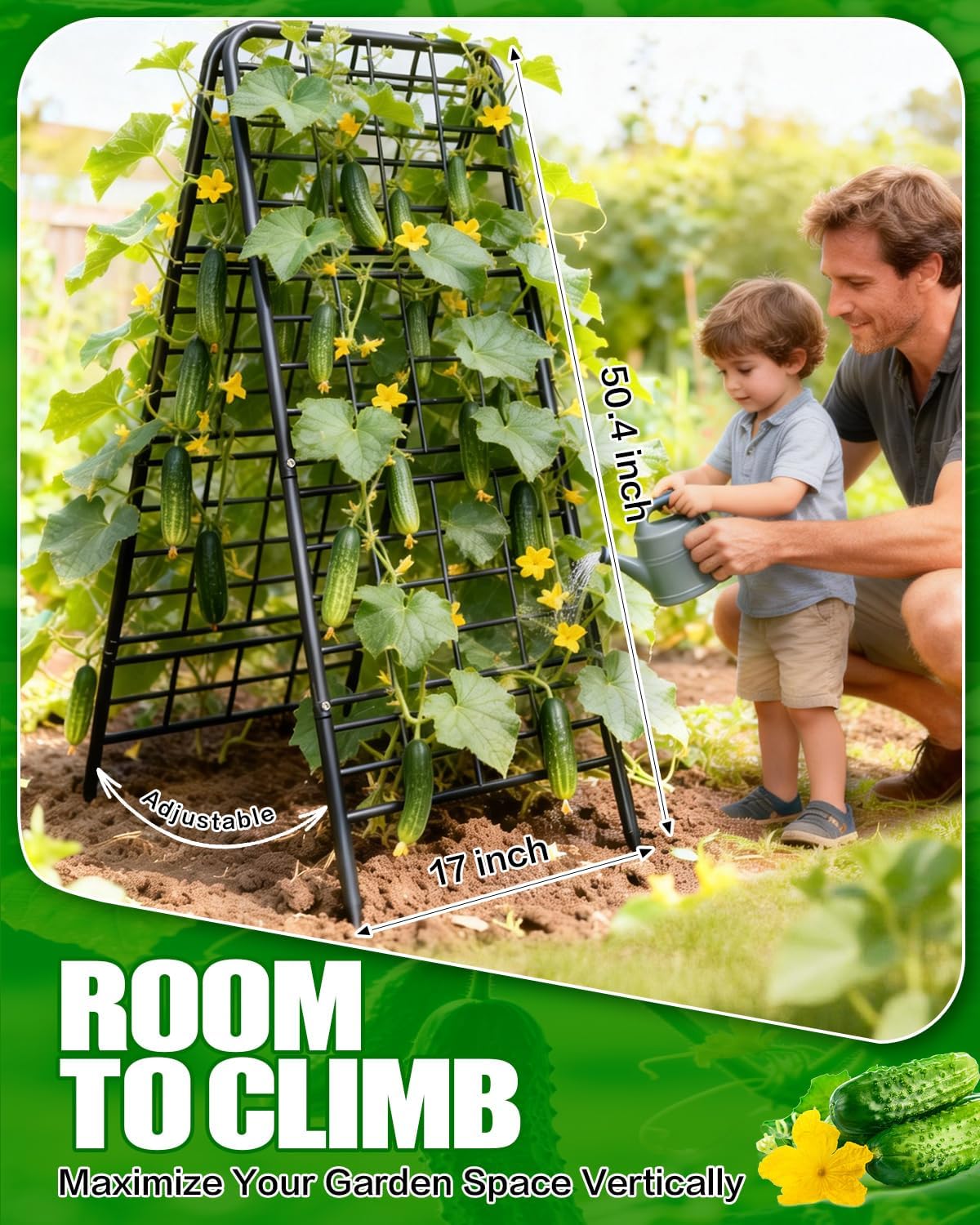 Joyhalo Heavy Duty Adjustable A-Frame Cucumber Trellis for Climbing Plants, 50.4"x17" All-Metal Garden Trellis with Dense Grid Climbing Frame for Raised Beds, Tomatoes, Cucumbers & Outdoor Vines