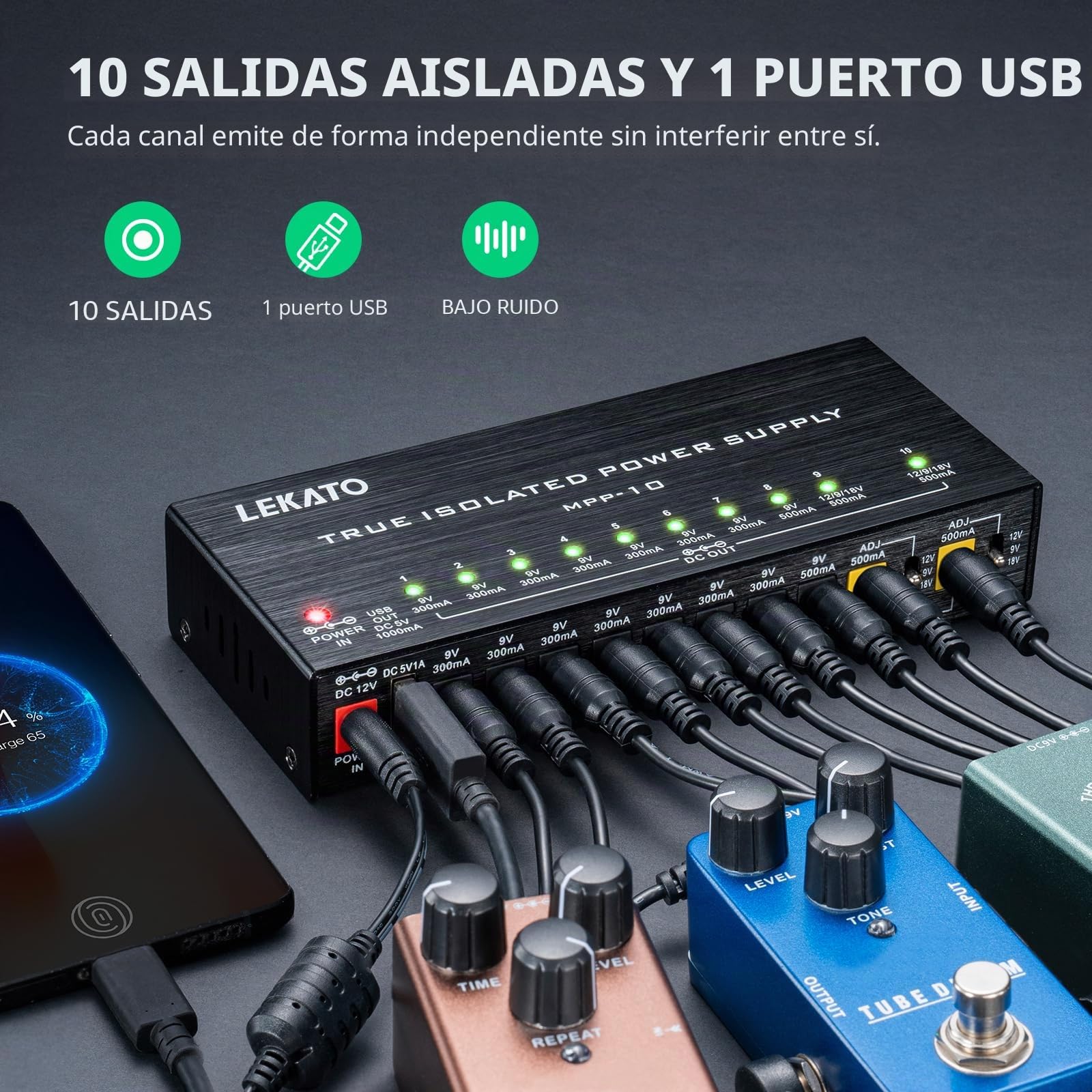LEKATO Fuente de alimentación para Guitarra, 10 Salidas de CC aisladas para 9 V/12 V/18 V, 100 mA 300 mA 500 mA Fuente de alimentación de Pedal de Efecto con protección contra Cortocircuitos para