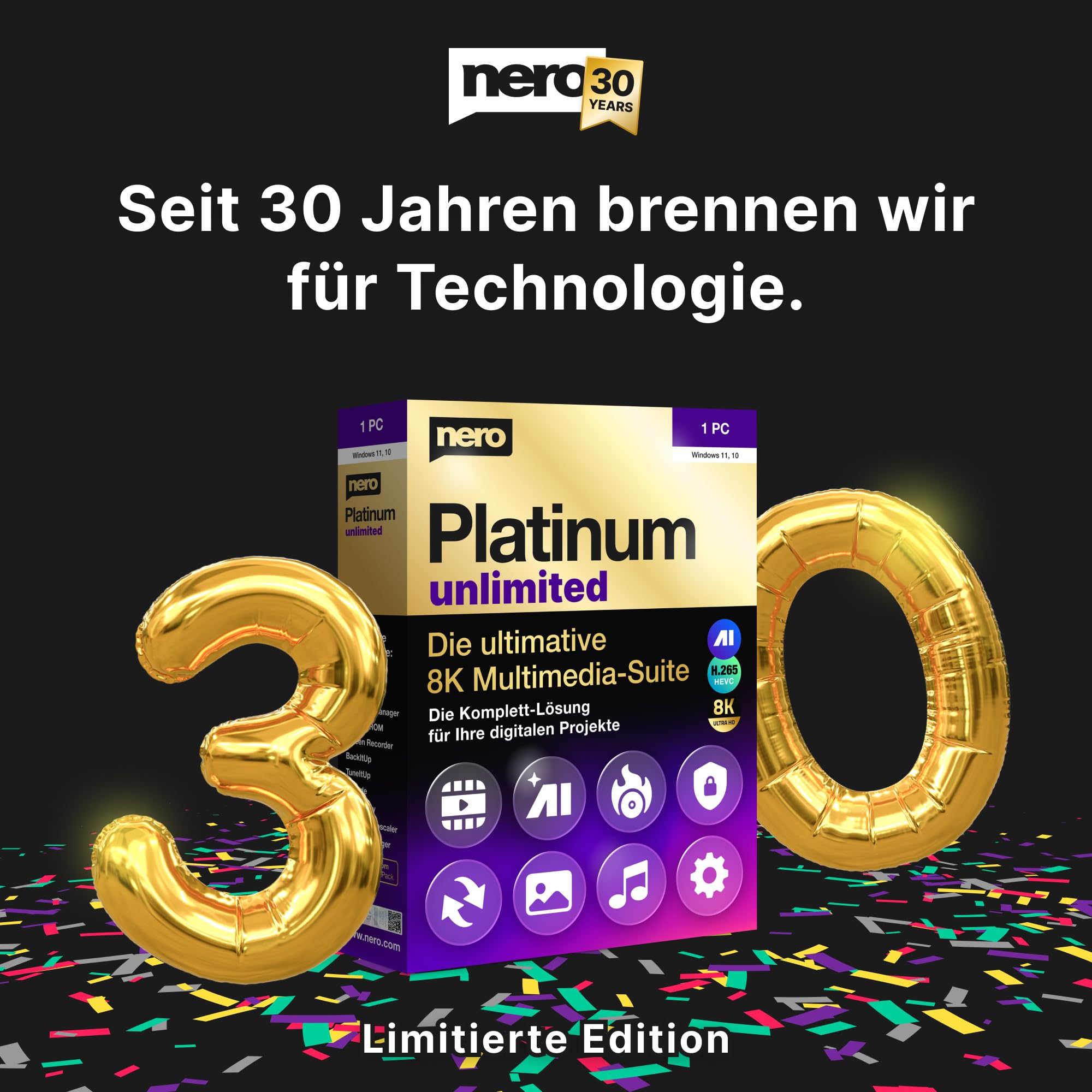 Nero Platinum Lifetime – Die große 30-Jahre-Edition | Limitierte Premium-Software zum Geburtstags-Knallerpreis | Video, Foto, Brennen, Backup | 1 PC | Windows 11/10
