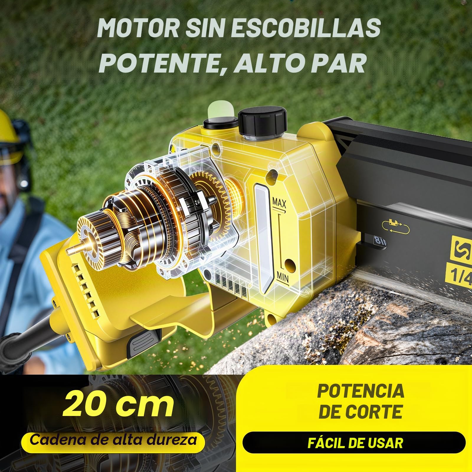 Mini Motosierra 2 En 1 Con PéRtiga TelescóPica,Motor Sin Escobillas De 2600w,Motosierra De 8 Pulgadas,Engrasador AutomáTico Y Tensor De Cadena Sin Herramientas Y 2 * 4000 Mah,Extensible Hasta 4,2m