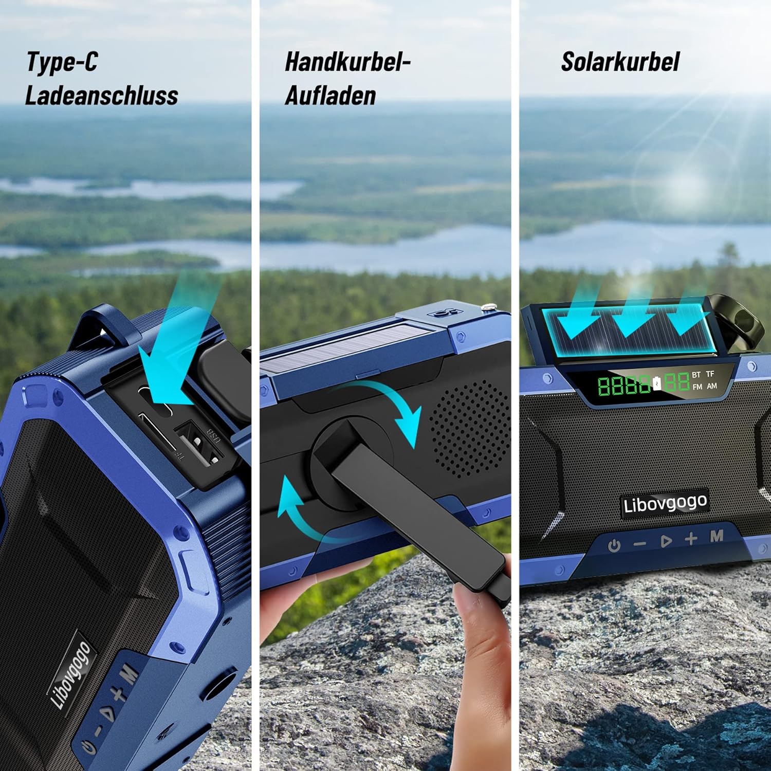 Three images showing Type-C charging, hand-crank charging, and solar charging methods.