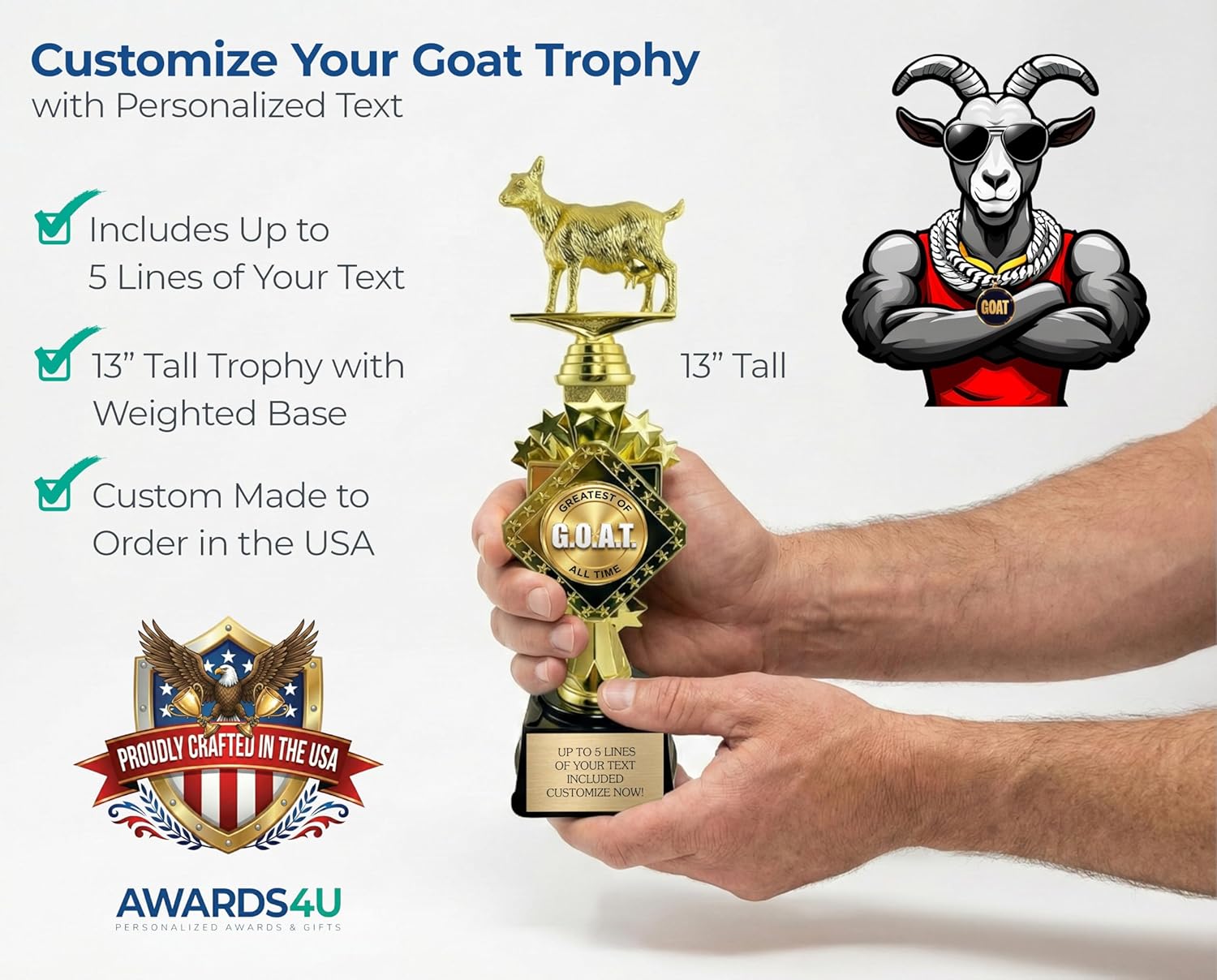 13” Large Goat Trophy Customizable Award with Engraving on Personalized Plate, Funny Goat Office Awards, “Greatest of All Time” for Champion, Mom, Dad, Co-Worker, Boss, Fantasy Football Winner Gift