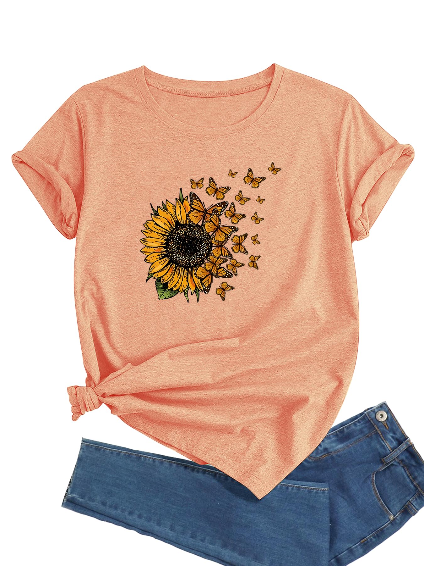 J&DHUASHAWomen's Sunflower T-Shirt Short Sleeve Crewneck Floral Graphic Tees Summer Print Casual Tops