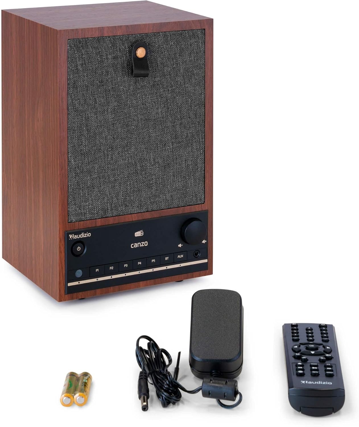 Audizio Canzo DAB+ Internet Radio with included accessories: remote control, power adapter, and batteries