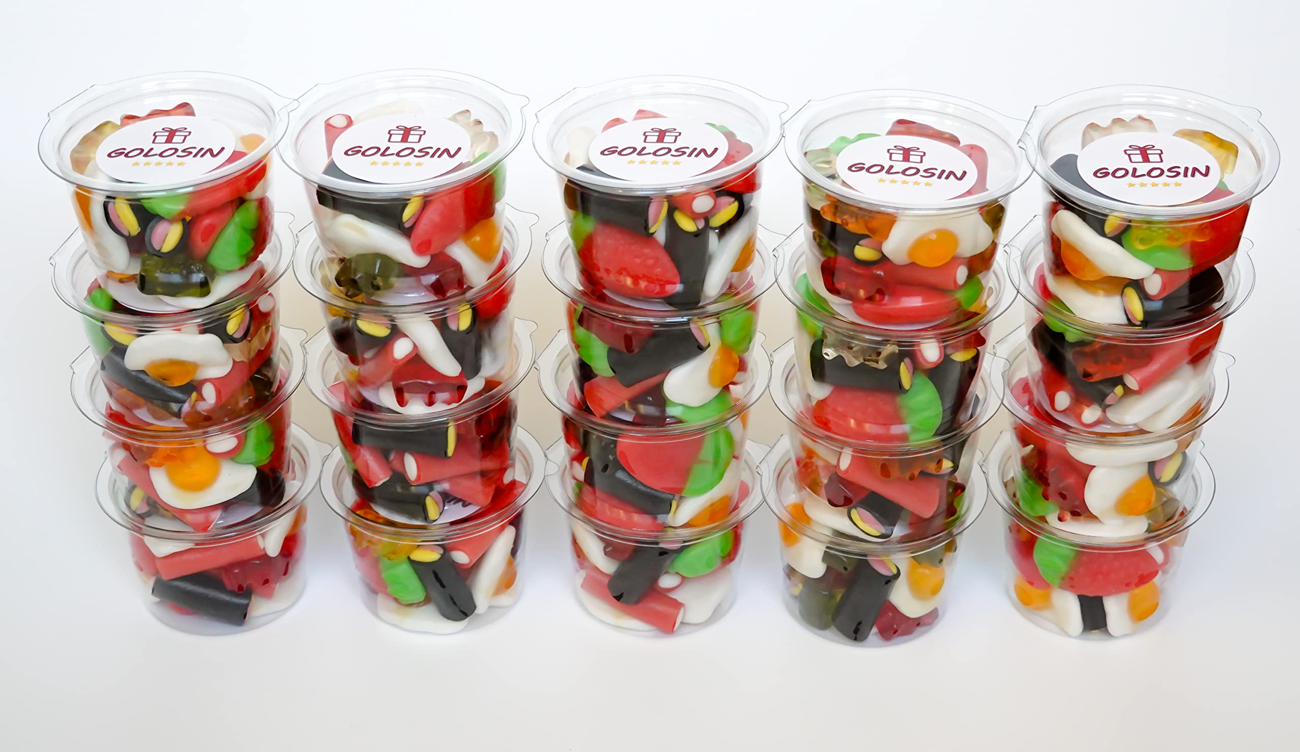 Assortiment de bonbons : Kit Golosin avec 1 kg bonbons et 20 Pots de 100 ml.