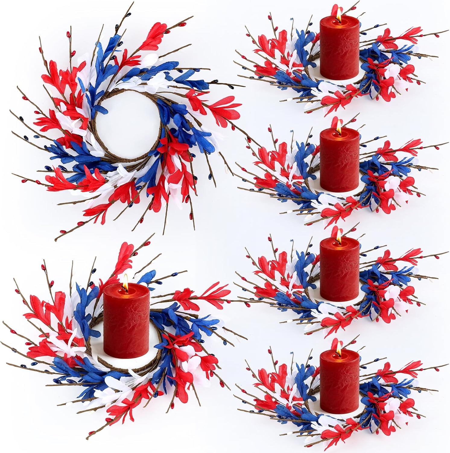 6 PCS Patriotic American Candle Rings Wreaths 4th of July Red White and Blue Floral Candle Rings Holder with Forsythia Flowers Mini Independence Day Wreath for Party Home Table Centerpiece Decor