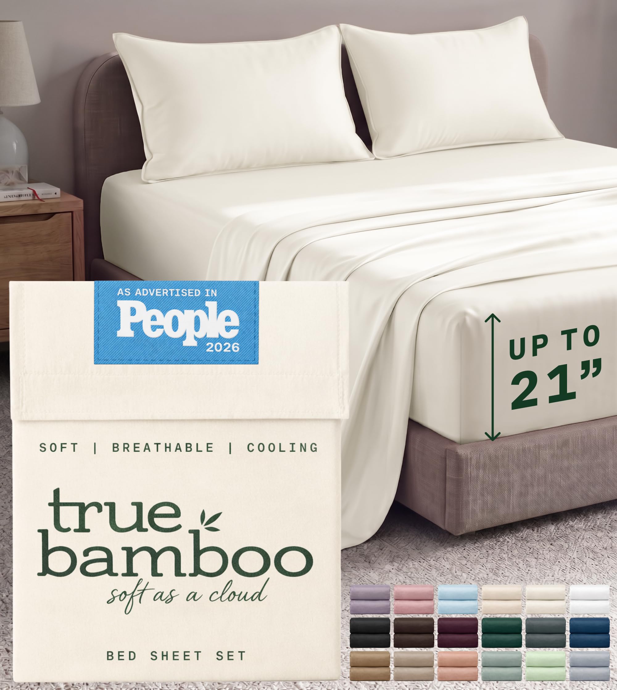 True Bamboo Sheets Set Queen Size - 21” Extra Deep Pocket - Light Beige | 4 Piece Luxury Bed Sheet Set, Silky Soft, Naturally Cooling For Hot Sleepers, Breathable, Moisture-Wicking, Corner Straps