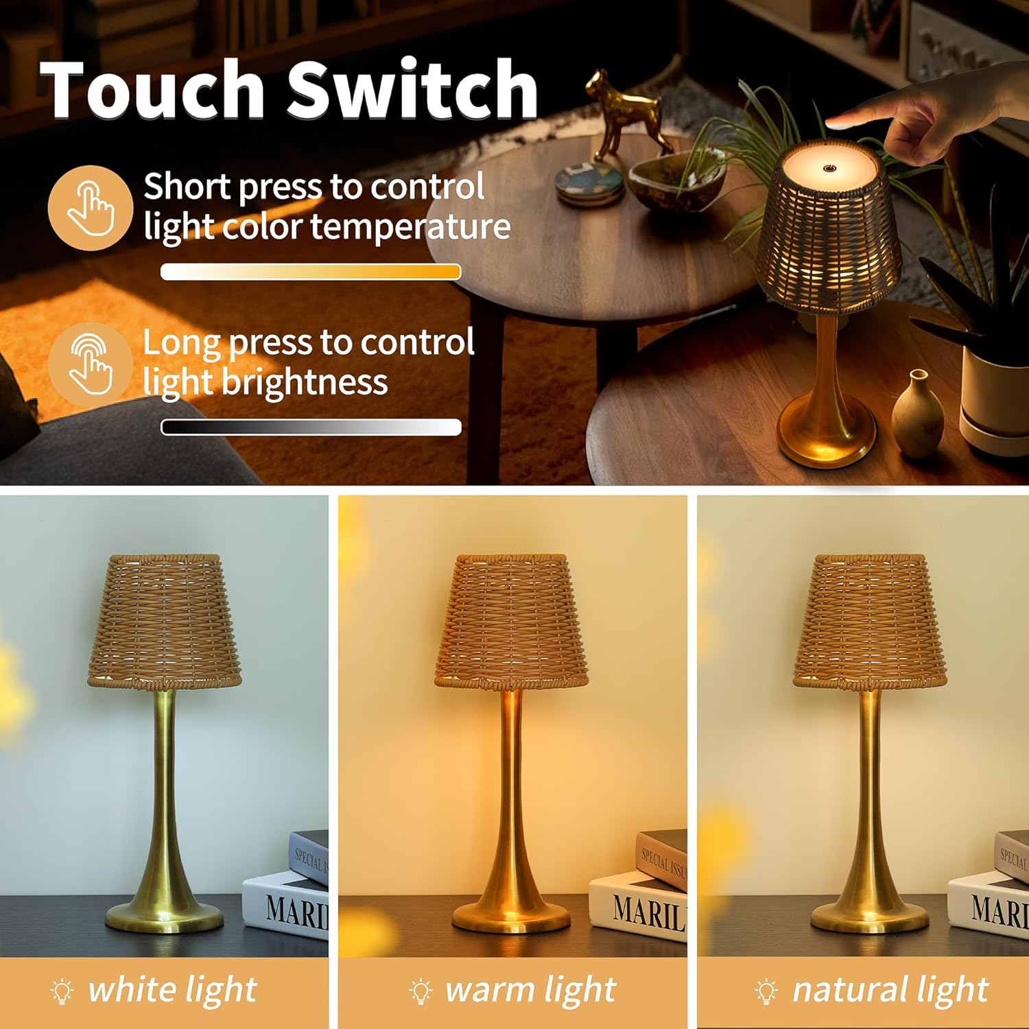 Mr. White Outdoor Waterproof Cordless Rechargeable Portable Touch Battery Operated Powered Table Lamp for Restaurant Kitchen Patio Dinner Dining (Gold)