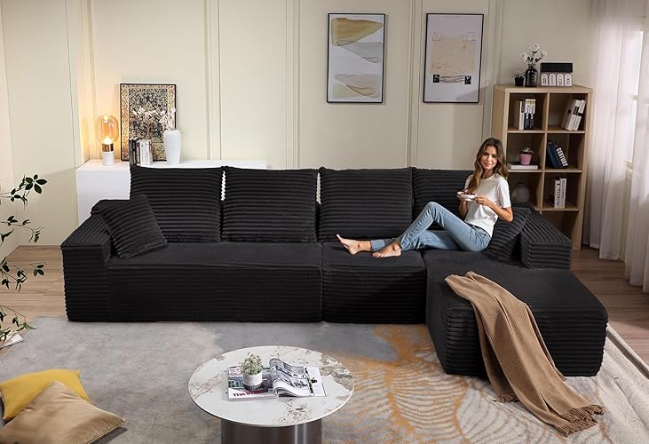 135" Cloud Sectional Couch with L-Shape Chaise, Modern Cloud Couch with Deep Seat, Modular Sectional Couches for Living Room, Apartment, Office, No Assembly Required Black - Black+4 Seats - Right facing