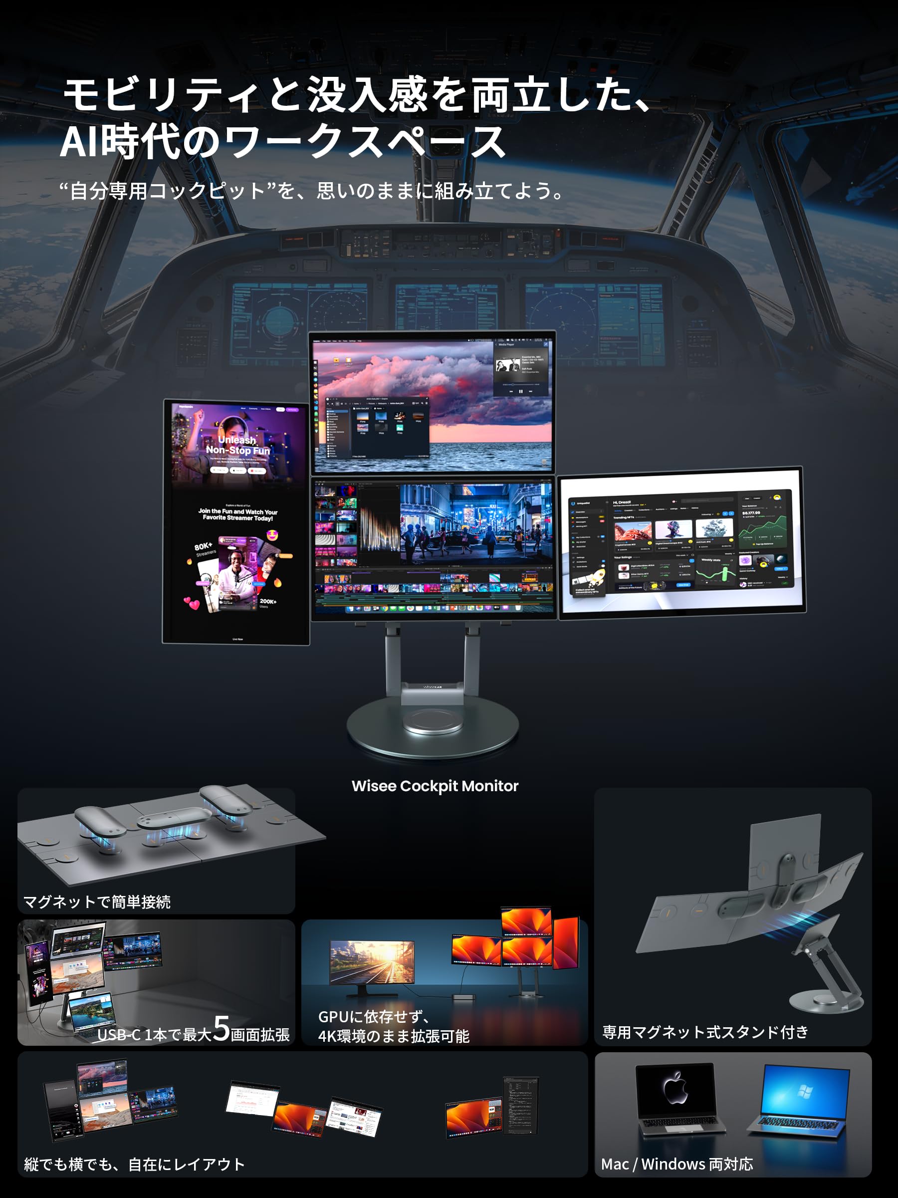 Amazon.co.jp: WiseeLAB Wisee Cockpit Monitor マルチモニター 4~5