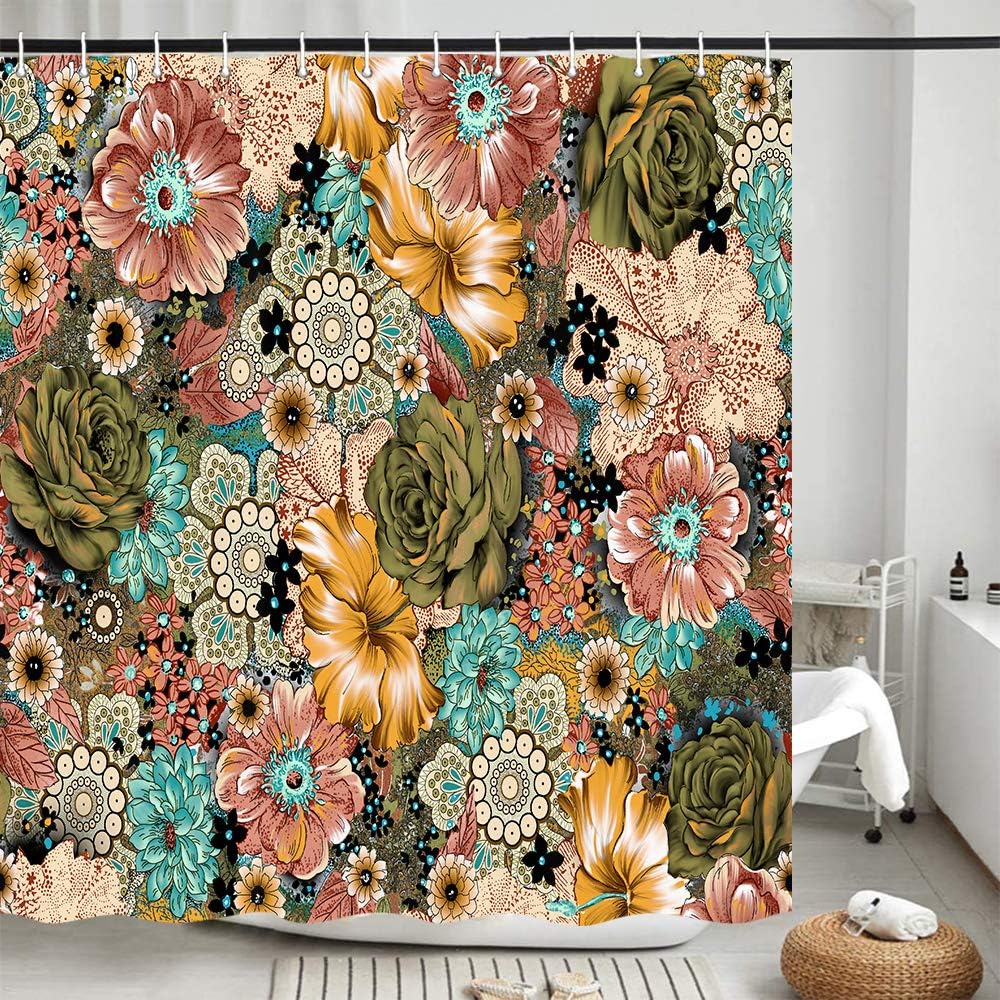 Boho Floral Shower Curtain for Bathroom Decor, Plant Flower Colorful Rustic Farmhouse Botanical Aesthetic Art Shower Curtains Set, Fabric Durable Waterproof with 12 Hooks,72x72 Inch
