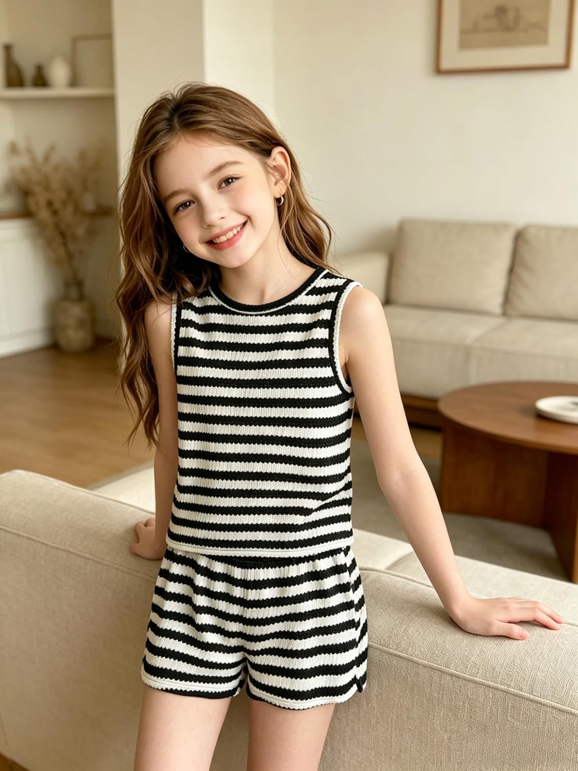 Ayzozuy Girls Striped Knit 2PCS Outfit Sleeveless Top & Shorts Set Casual Clothes with Bow Decor for 7-14Y