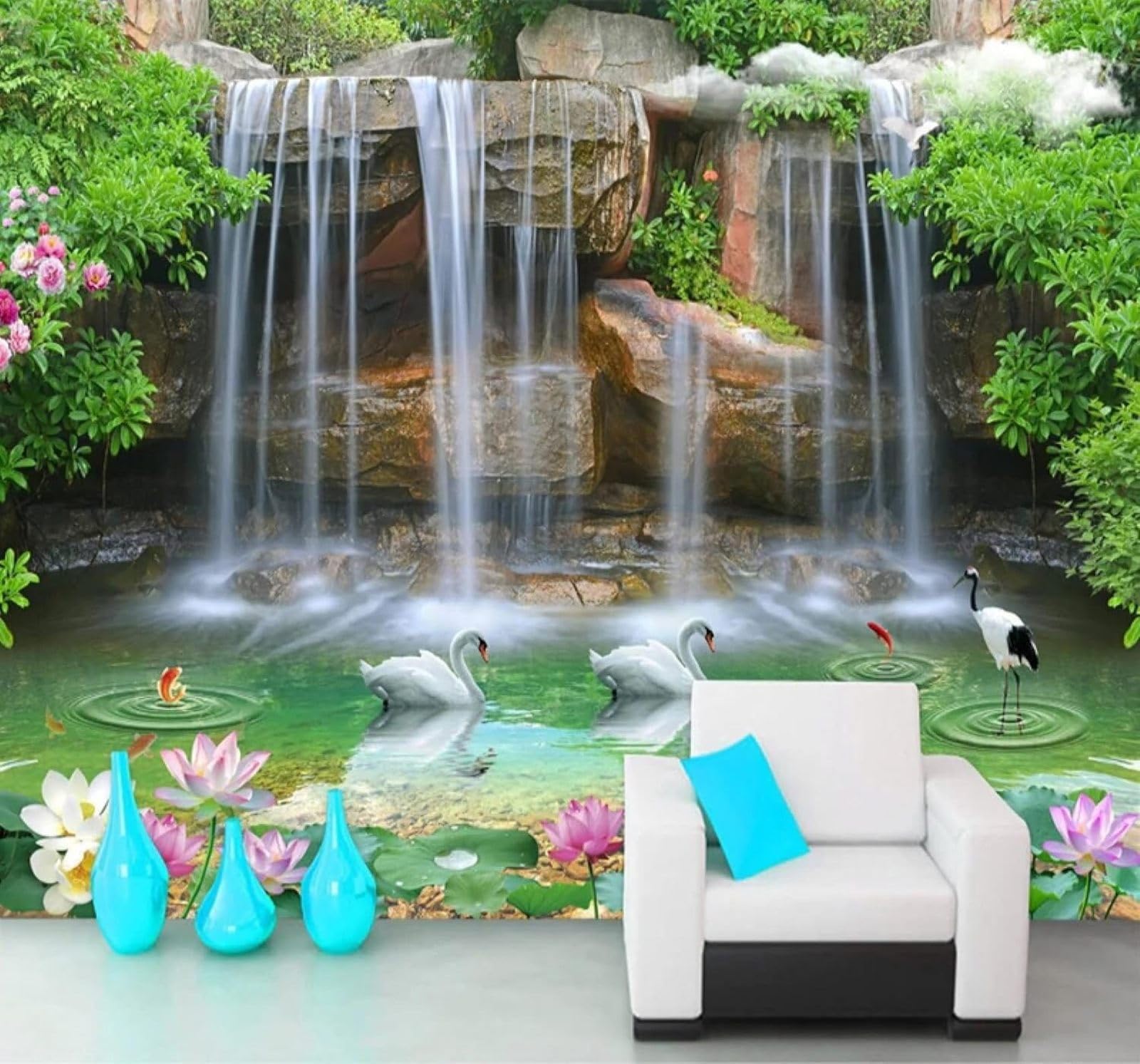 XLMING Three Dimensional Waterfall Lake Swans Scenery 3D Wallpaper Luxury Home Dining Decor Paste Sofa Living Room The Wall for Bedroom Mural-300cm×210cm