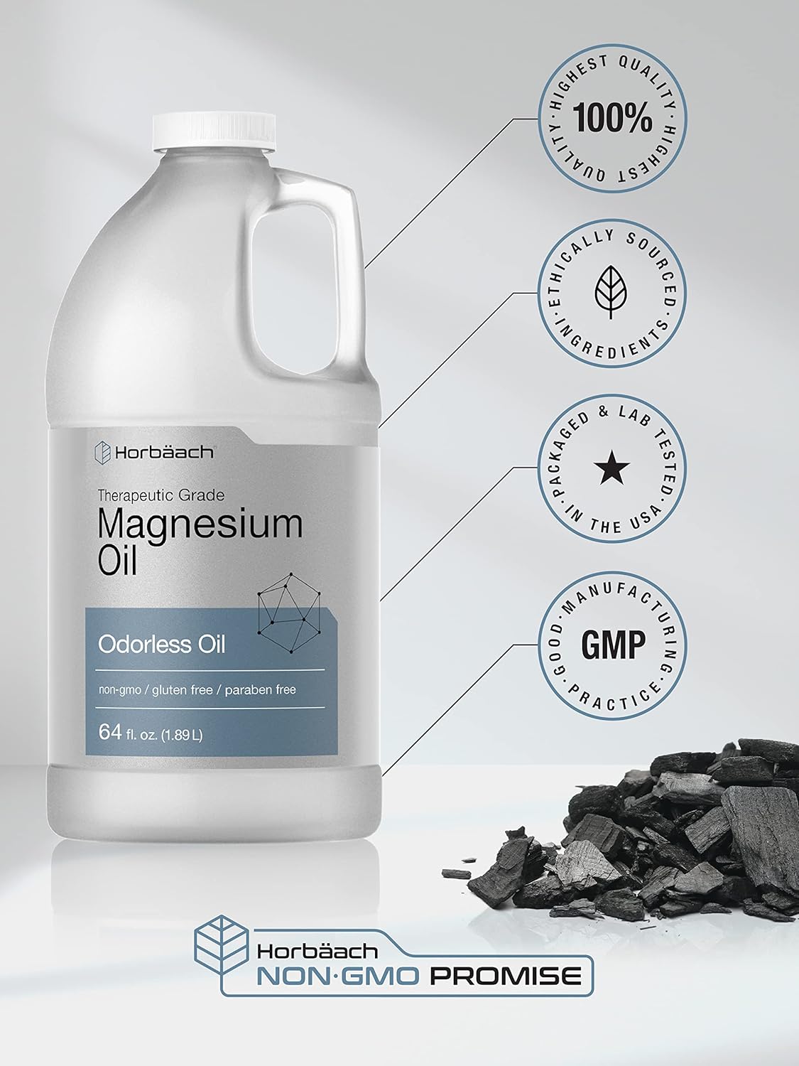 Horbäach Magnesium Oil | 64 fl. oz | Therapeutic Grade | Vegetarian, Non-GMO, Gluten Free, and Paraben Free Odorless Formula