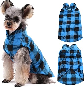 Kuoser Dog Fleece Vest, Warm Plaid Dog Sweater with Leash Hole, Soft Puppy Pajamas Dogs Winter Coat Cozy Puppy Jacket for Small Medium Dogs Cats, Spring Fall Cold Weather Pet Christmas Outfit,Blue XXS