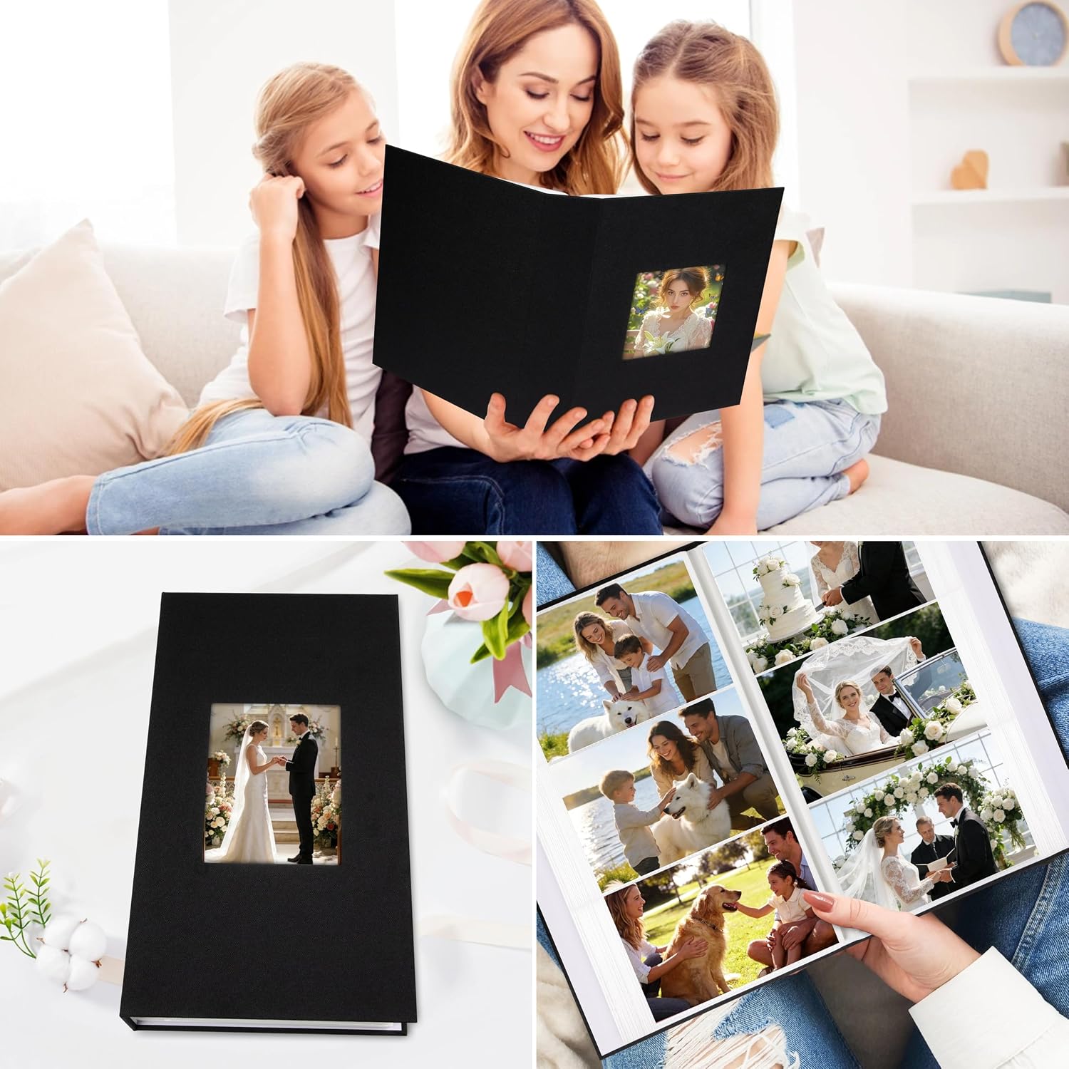 Aevdor 4x6 Photo Album, Holds 300 Photos, Linen Cover with Window, Black