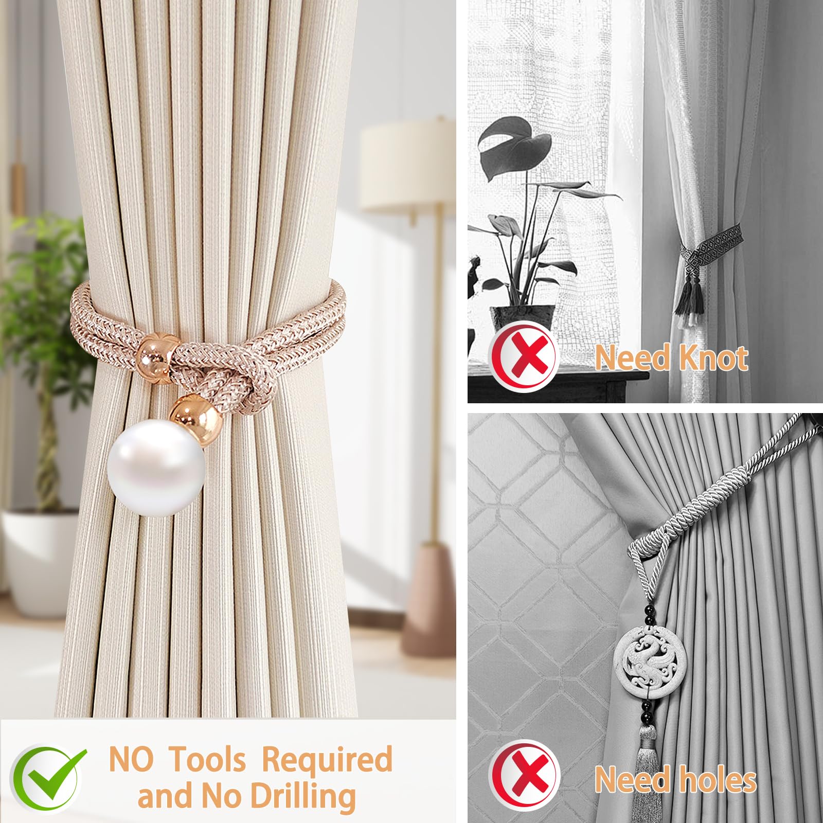 Pretty Jolly Confezione da 4 fermatende magnetici resistenti, decorativi, in corda intrecciata a mano, per tende per finestre di casa e ufficio (beige e bianco