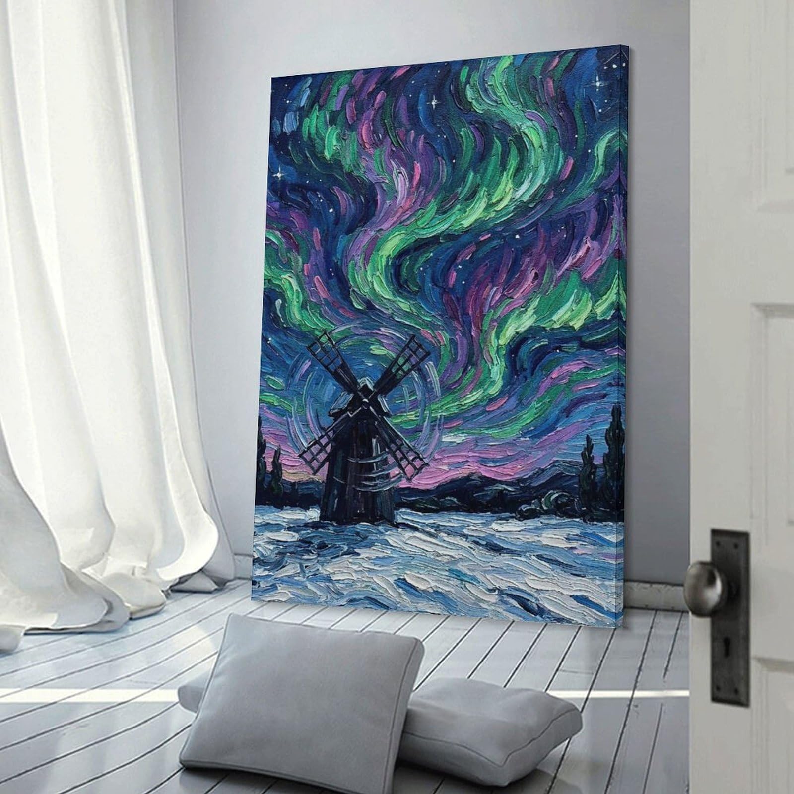 Junmoney Home Decor Wall Art Windmill Under Northern Lights, 12x18inch(30x45cm), for Flats, Guest Rooms Or Compact Rooms, Wall Decor with Flexible Room Appeal