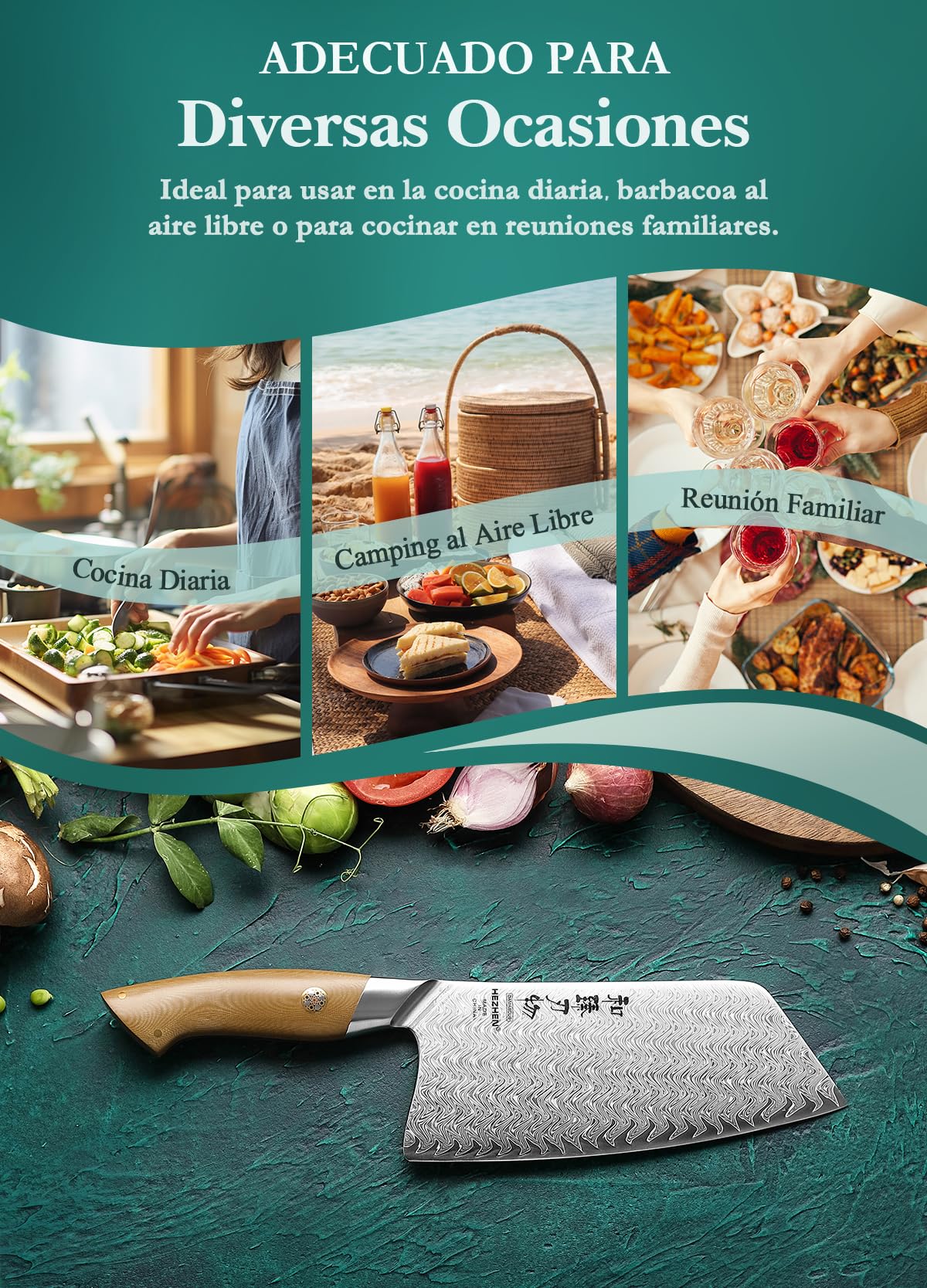 HEZHEN Damasco Hachas de Cocina Para Rebanar Carne, Multiusos Cuchillo de Chef Carnicero Chino,Cuchillos de Carne Profesional,Full Tang Mango