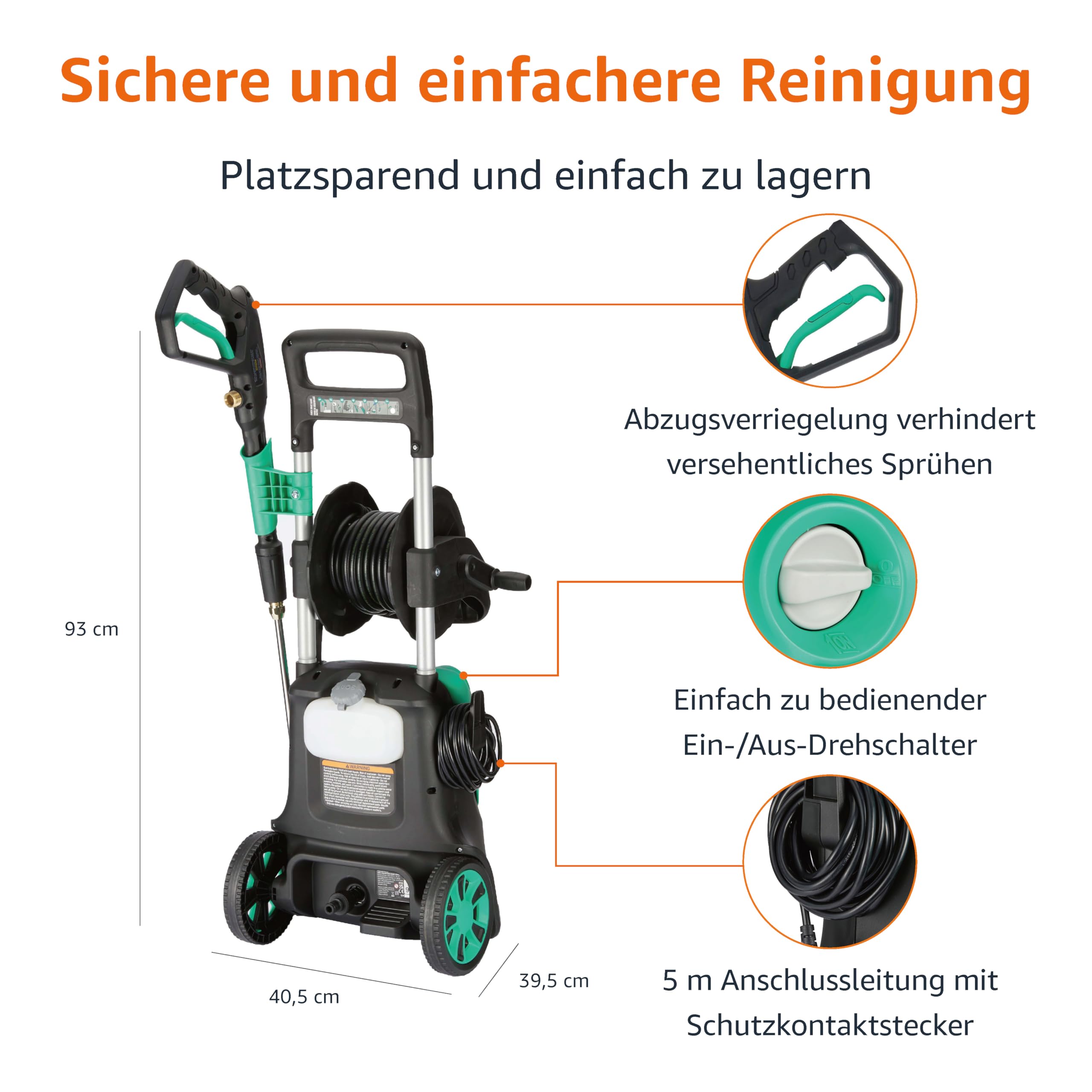 Amazon Basics Hochdruckreiniger mit Kabel, 2200 W, max. 145 bar, max Durchflussmenge: 500 l/h, grün