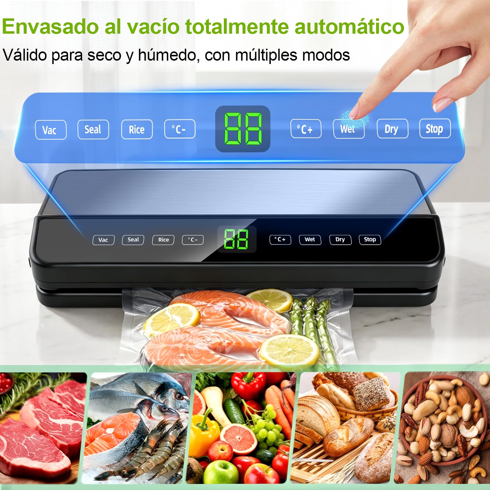 Maquina vacio alimentos, Automático Envasadora al Vacio para alimentos secos/húmedos, Embasadoras vacio con cortador incorporado, 20 Pcs & 1 rollo de bolsas de vacío y Tubo de Vacío