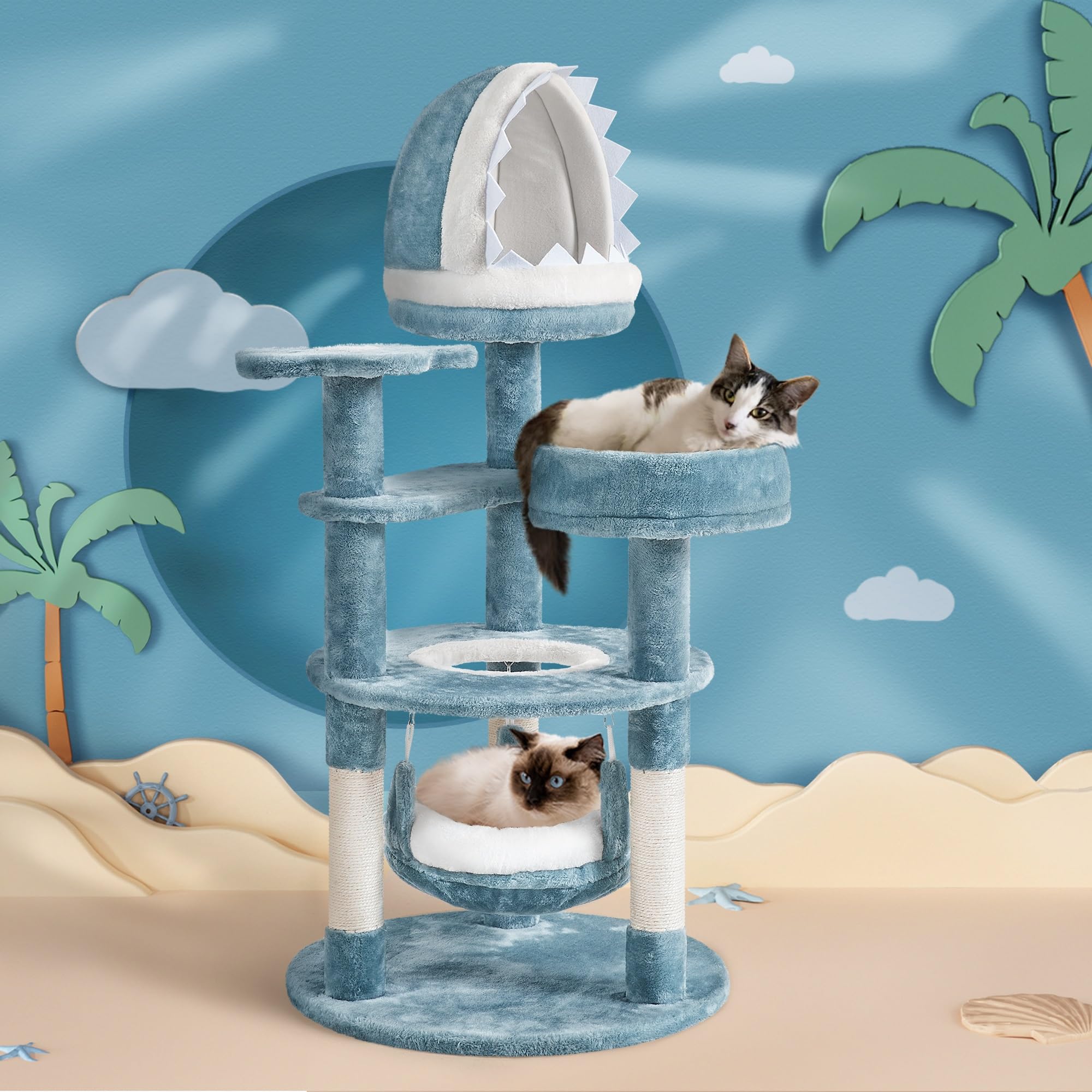 Yaheetech Albero Tiragraffi per Gatti 115 cm con 2 Posatoi Amaca Cuccia a Forma di Squalo Corda di Sisal Naturale Stile Oceano Gioco Blu Bianco