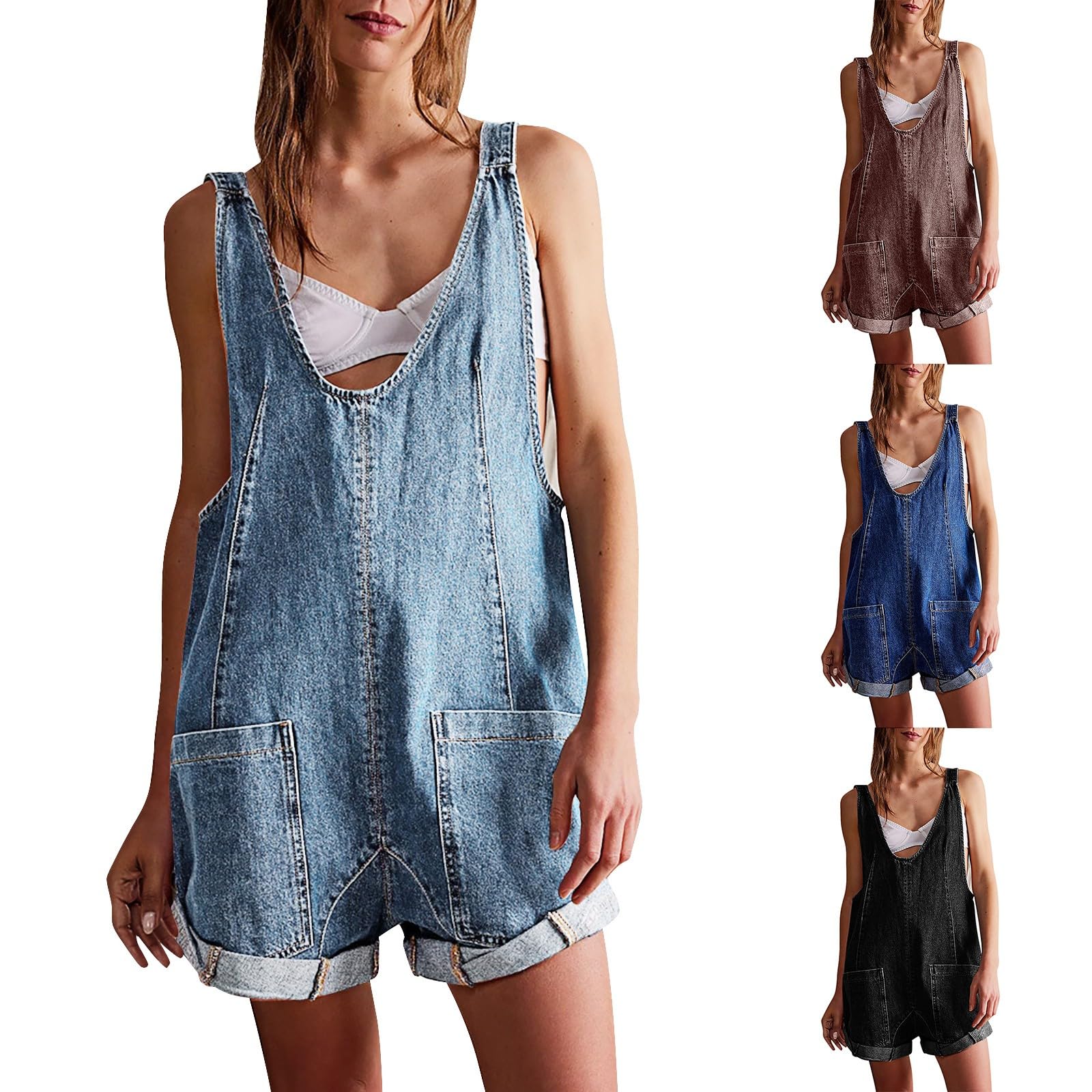 Peto para mujer, pantalones vaqueros cortos, sexy, cuello en V, mono de pierna ancha | Shortall,Rückenfrei,Playsuit,Casual,Overall,Baggy,Y2K,Latzhosen,mit,Verstellbaren,Träger,Jeansshorts