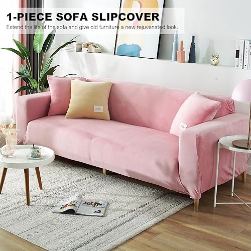 Miniatura 2 de Funda elástica para sofá de terciopelo suave con funda de almohada, protector de muebles para mascotas y niños (grande, rosa)