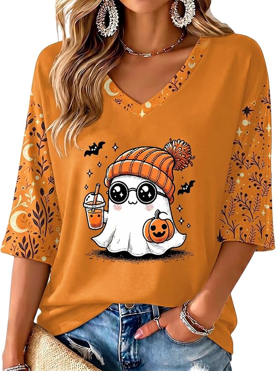 Plus Size Womens Cute Funny Halloween Tops 3/4 Sleeve Shirts