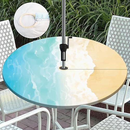 Mantel Redondo para Exteriores con Ondas del Océano con Agujero para Sombrilla con Cremallera Elástica Cubierta de Mesa para Exteriores Manteles de