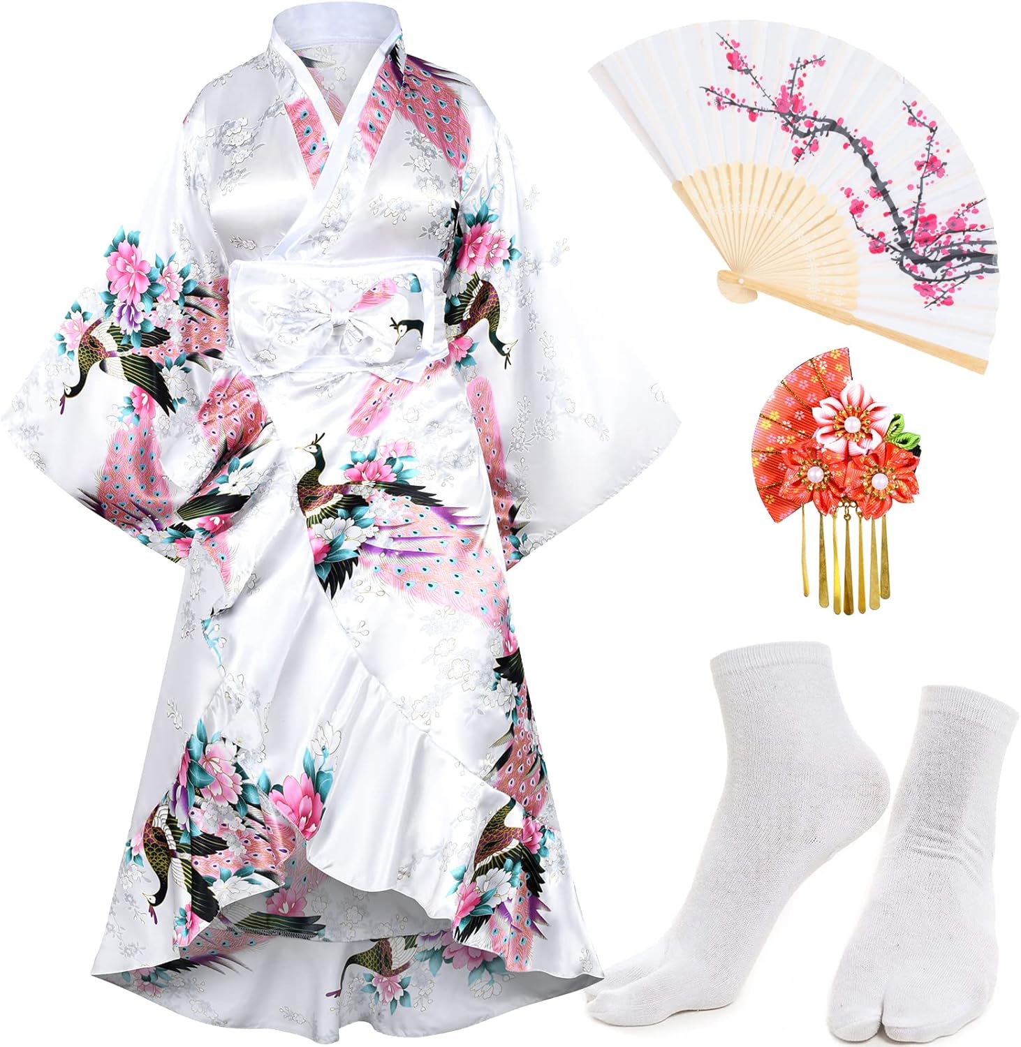 Women's Kimono Robe Geisha Yukata Sweet Tuxedo Ruffle Dress Blossom Satin Bathrobe Sleepwear Fans Tabi Socks Set - Image 2
