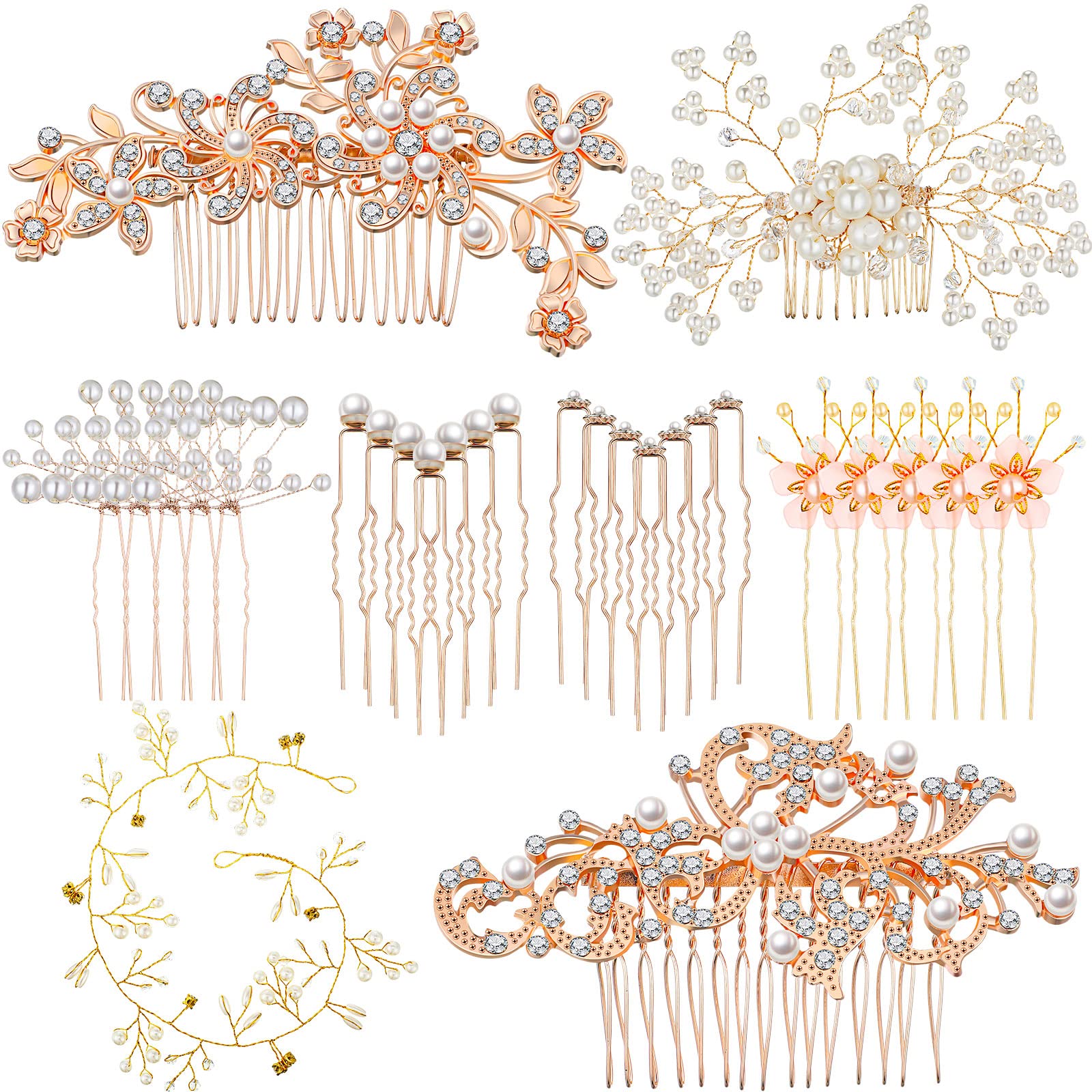 64 Pieces Hair Accessory Set: 20 Flower Rhinestone Sticks, 20 Pearl Pins, 3 Crystal Combs, Pearl Vine, 20 U-Shaped Clips (Novel Style)